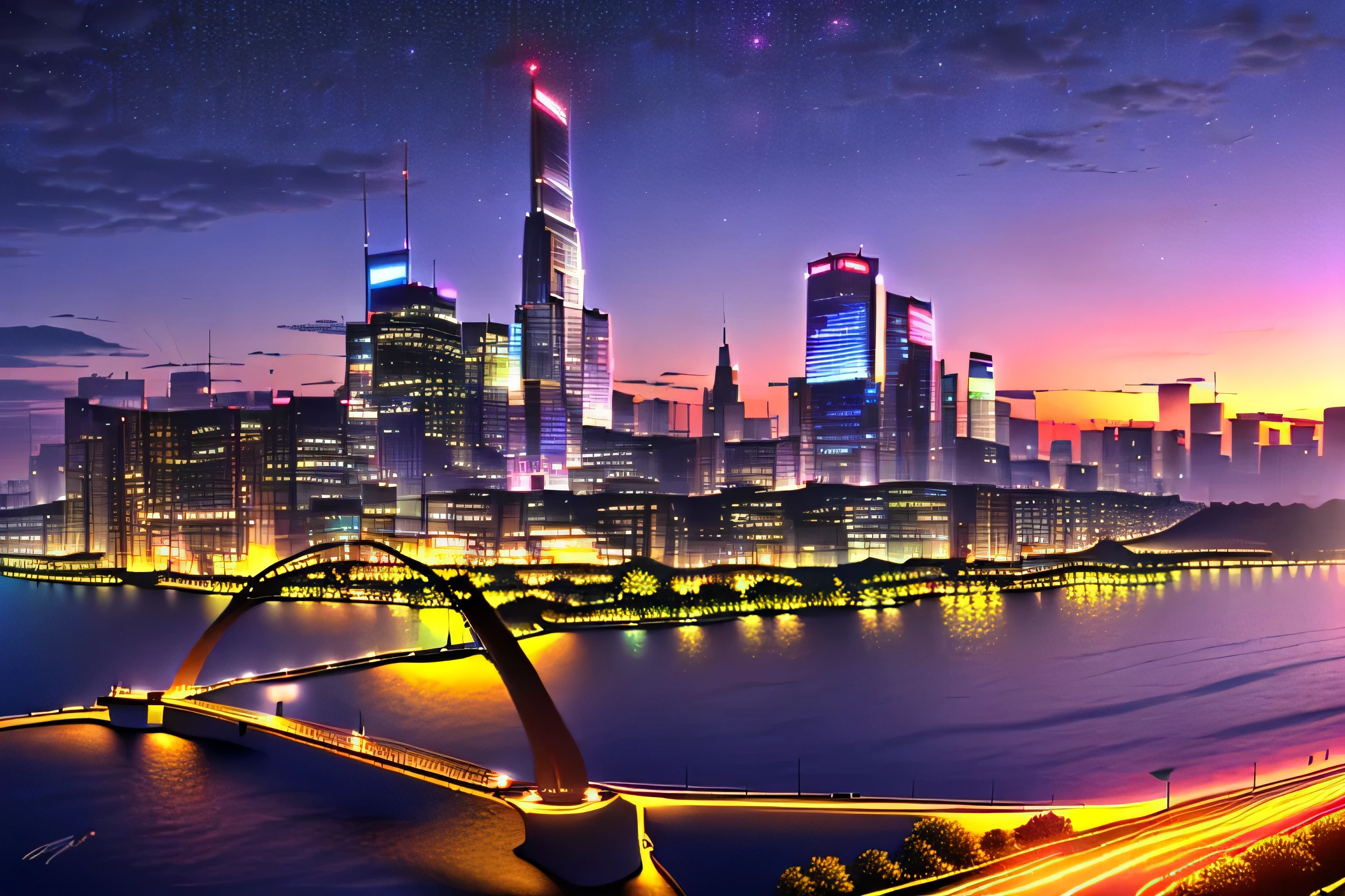 There are three bridges and the night view of the Han River city，skyline showing，beautiful future city，romantic night，Sound influenced by Chasubio，Neon street in the background，Experience the atmosphere and surprise of urban design。（Optimized prompt content）