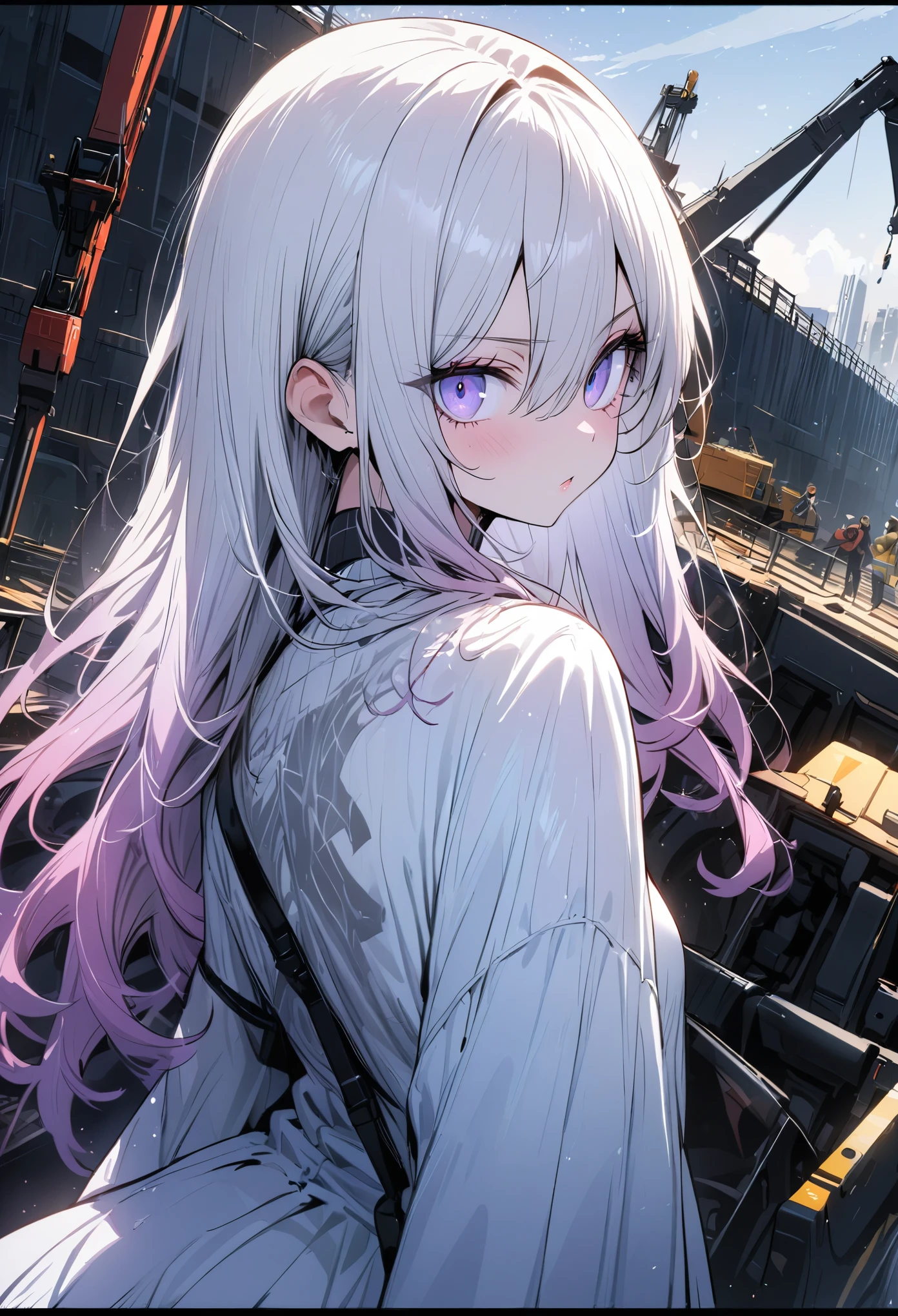 masterpiece, top quality, Very detailed, unified 8k wallpaper, (Take a crane), firmament, 1 girl, heavy machine, gradient hair, hair between eyes, ahog, age: 16, look back, pretty face, Beniso,