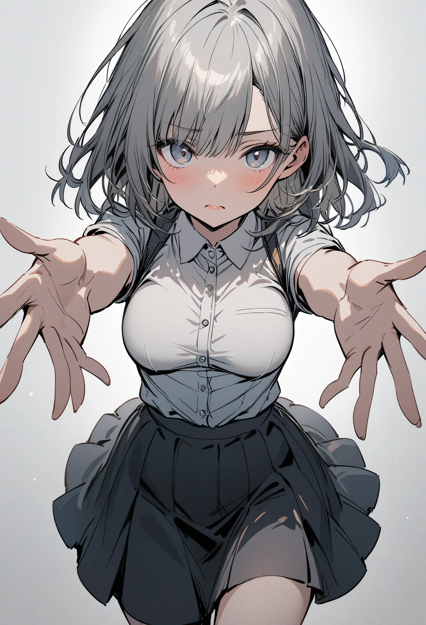 incoming hug, 1 girl, alone, gray background, medium breasts, skirt,