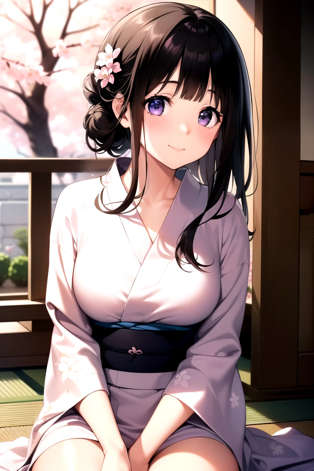 (A superb exquisite Chitanda Eru), (adult face), solo, intricate details, (finely detailed beautiful eyes: 1.2), purple eyes, long black hair, natural straight hair, straight bangs, solo, [Small_breasts: large_breasts: 0.5], normal breasts, extremely delicate, peerless beautiful girl, dreamy quality, exaggerated facial features, solid color, delicate face, bright lips, slender waist, straight curves, super fine, [8K full HD], (masterpiece:1.4), (((blush, timid smile, with cherry blossom, yukata, chignon)))
