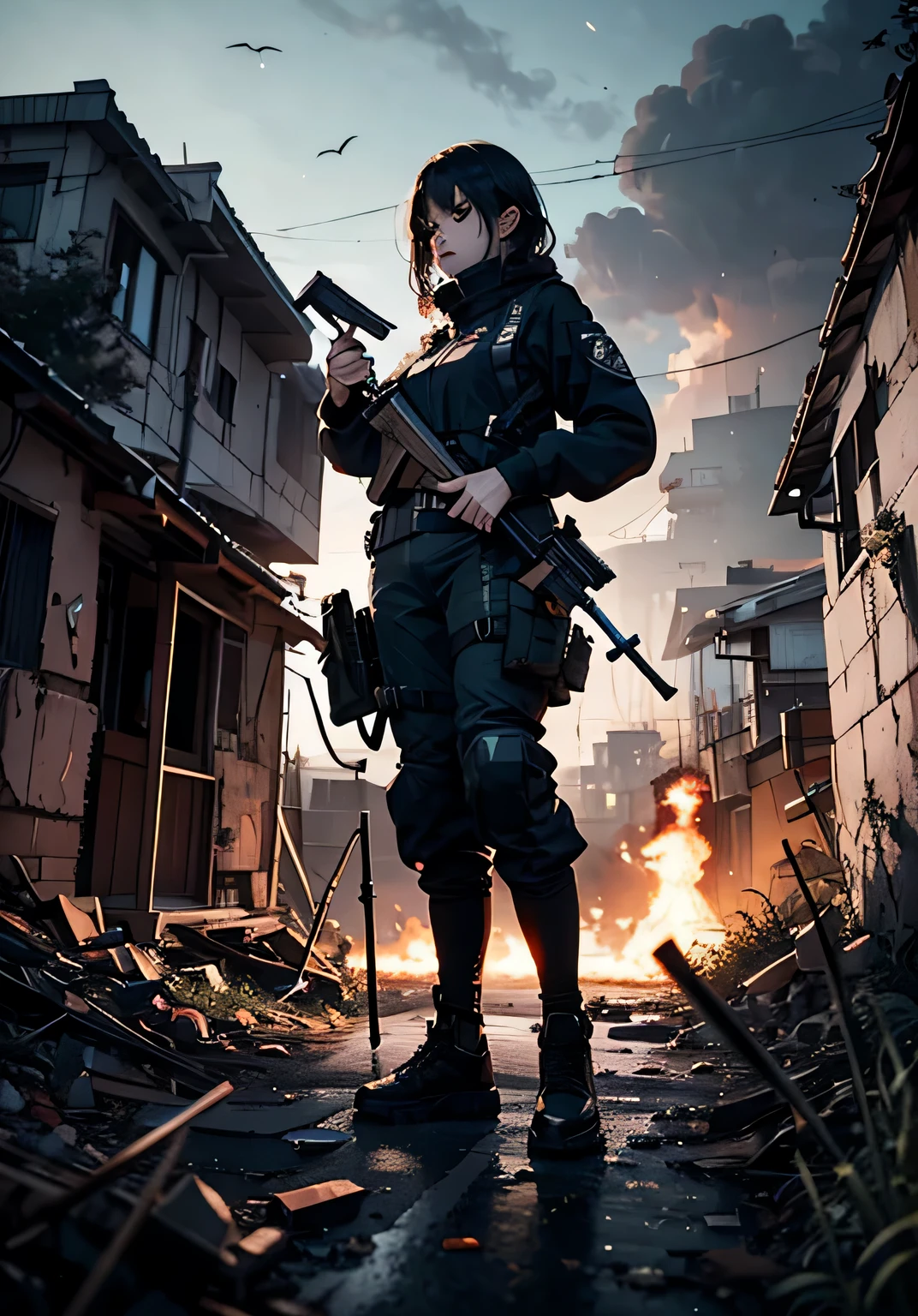 {{masterpiece, highest quality, HigHly detailed CG, Integrated 8K wallpaper, movie ligHting, Lens flare}}, 1 girl Holding a rifle tHrougH tHe wall, wide field of view, tHick body, long blonde Hair soaring in tHe wind, green eyes, (Holding a weapon, Holding a rifle, aim, aim: 1.4), gun, H&k Hk416, carbine, fire, rubble, Ruins in conflict areas, feather, Nitric acid smoke, blast, flying bullets, Sniper, 35mm, f/1.8, nigHt