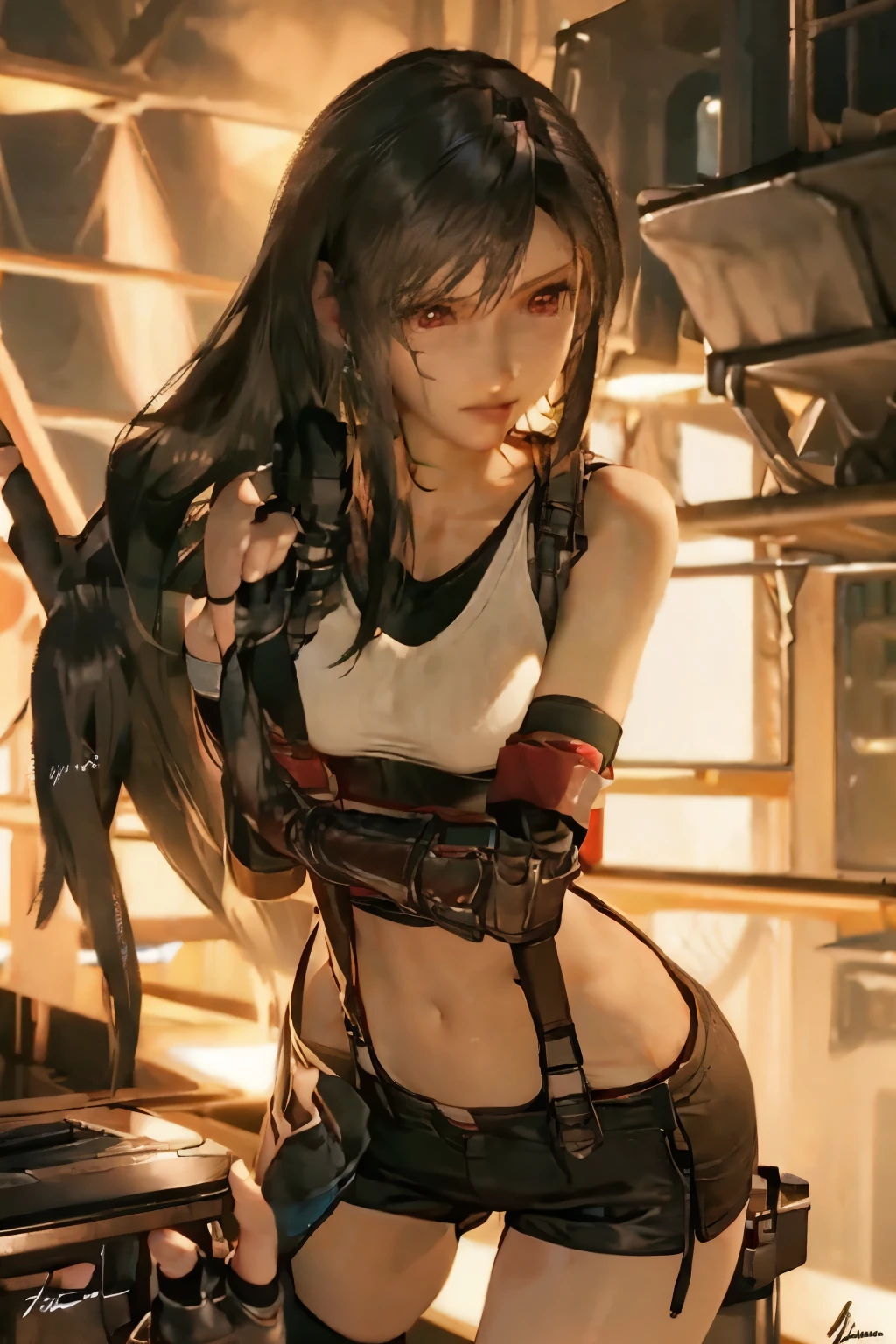 (white tanktop) , (long hair), black hair , ((masterpiece)) , best quality , tifa lockhart, final fantasy vii , 1 girl, bangs, bare shoulders, belt, black belt, black gloves , black skirt, cleavage, clenched hands, closed mouth, collarbone, crop top, earrings, elbow gloves, fingerless gloves, floating hair, gloves, hair behind ear , jewelry, lips , low-tied long hair, midriff, miniskirt , red eyes, red gloves, shirt, sidelocks, signature , sleeveless, stomach, suspenders, swept bangs, taut clothes, taut shirt, thighs, clenched hands , fighting pose