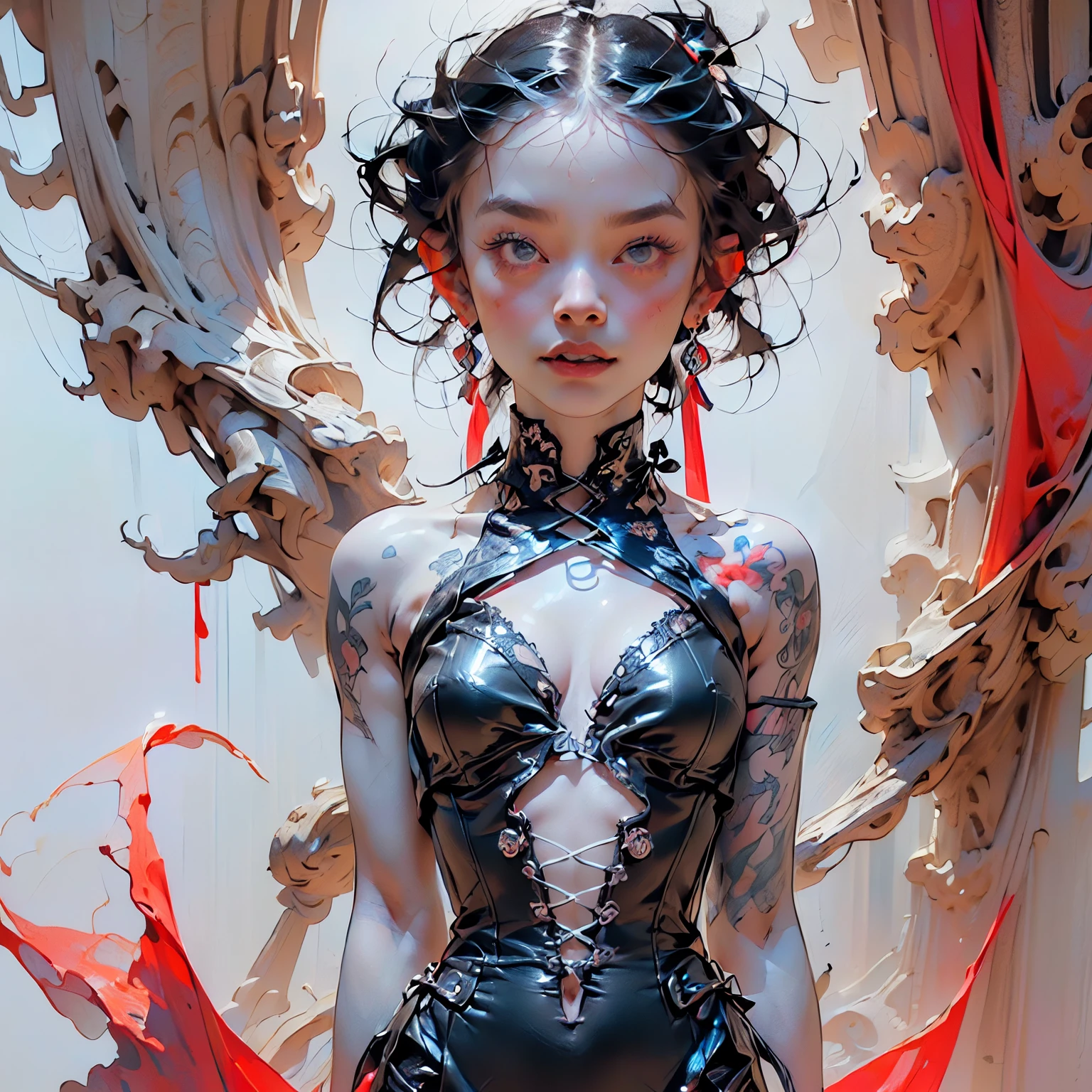 (((Create one girl 16+ years old.), (close-up), (stands all tall)), ((Dark and mysterious), (Night, rain blood, gothic anime girl)))_(((Gothic unusual masterpiece art)),((ominous clouds, hauntingly beautiful, ethereal moonlight, eerie shadows))_(((Little loli, miniature, chibi, full-length)),((miniature-graceful body, full-length - standing) , (beautiful figure, half-turn)_(16+ years)))_(((Cute girl, small peach breasts, graceful figure, narrow waist, smooth hips)),((long double braids),(tight braids) , (braided hair),(dark hair)),((red lips)), ((smile)))_ ((((Shiny skin:1.5, white skin, light skin: 1.5)),((sexy), (erotic),(cute, kawaii)(nsfw)))_(((Bare shoulders, black lace dress)),(((black chiffon dress, very short dress, tight-fitting), (black), (sheer lace dress) ),((stands almost completely naked, tattoos)))_(((Arms in elbow pads, palms in tactical gloves),(bare thighs, stomach)),((legs in combat knee pads, thigh-high stockings)), (( chunky leather lace-up boots)))_(((Impressive artistry, exquisite details, gothic architecture, dramatic lighting, vibrant red hues, ominous figures, strange symbols, surreal elements))_((Strong contrasts, eerie, artistic masterpiece, detailed textures, dark color palette, foreboding horror), (alien flowers, skulls))_((Digital painting, anime style, cyberpunk), (best quality, 4k, high resolution, masterpiece: 1.2)),((ultra detail)) ,((realistic, photorealistic, photorealistic: 1.37)))_(((Soft clear shapes, broad strokes, attention to detail)))_(((High quality, 16K | Ultra HD | Full HD))).