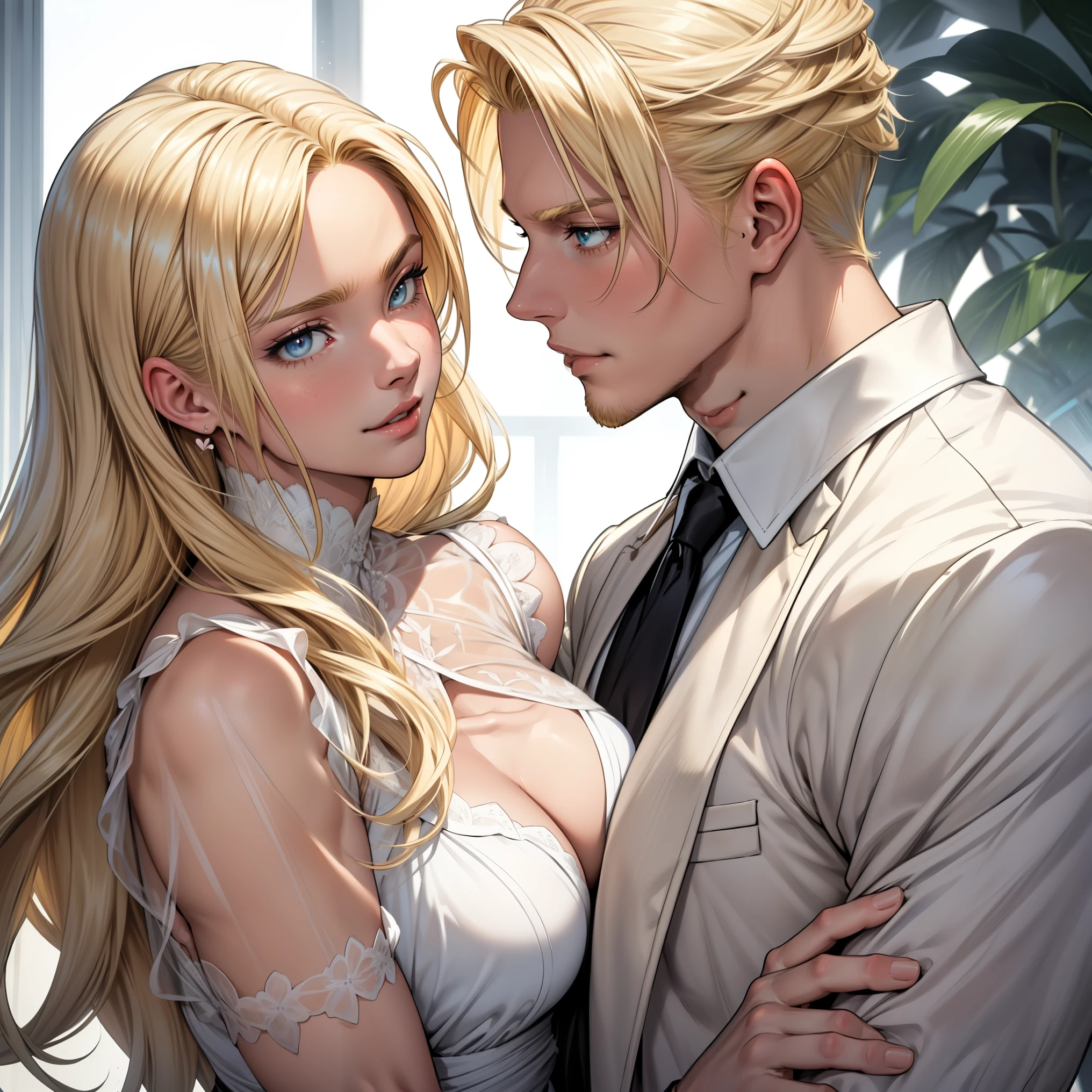 1 homem loiro e 1 mulher loira, Lago, blond heart,Blonde emotions, romance loiro,blonde accomplice, a beautiful and elegant couple with blonde hair and blue eyes, the woman wears a short, light dress with barrettes in her long, voluminous blonde hair, the blonde man with an athletic build and a tight shirt holding her waist affectionately, the man has short, well-groomed hair, the couple looks at each other in love, 1 man, 1 woman, romance, feeling of affection, attention to detail, perfect eyes, well-designed lips, kind smile, passionate atmosphere, focus on the couple, well-defined silhouette, clear face, round and expressive eyes, soft colors, clarity , 8k, fhd, dynamic poses, dynamic expressions, blond air, blond air, blond air, blond air, blond air, blond air