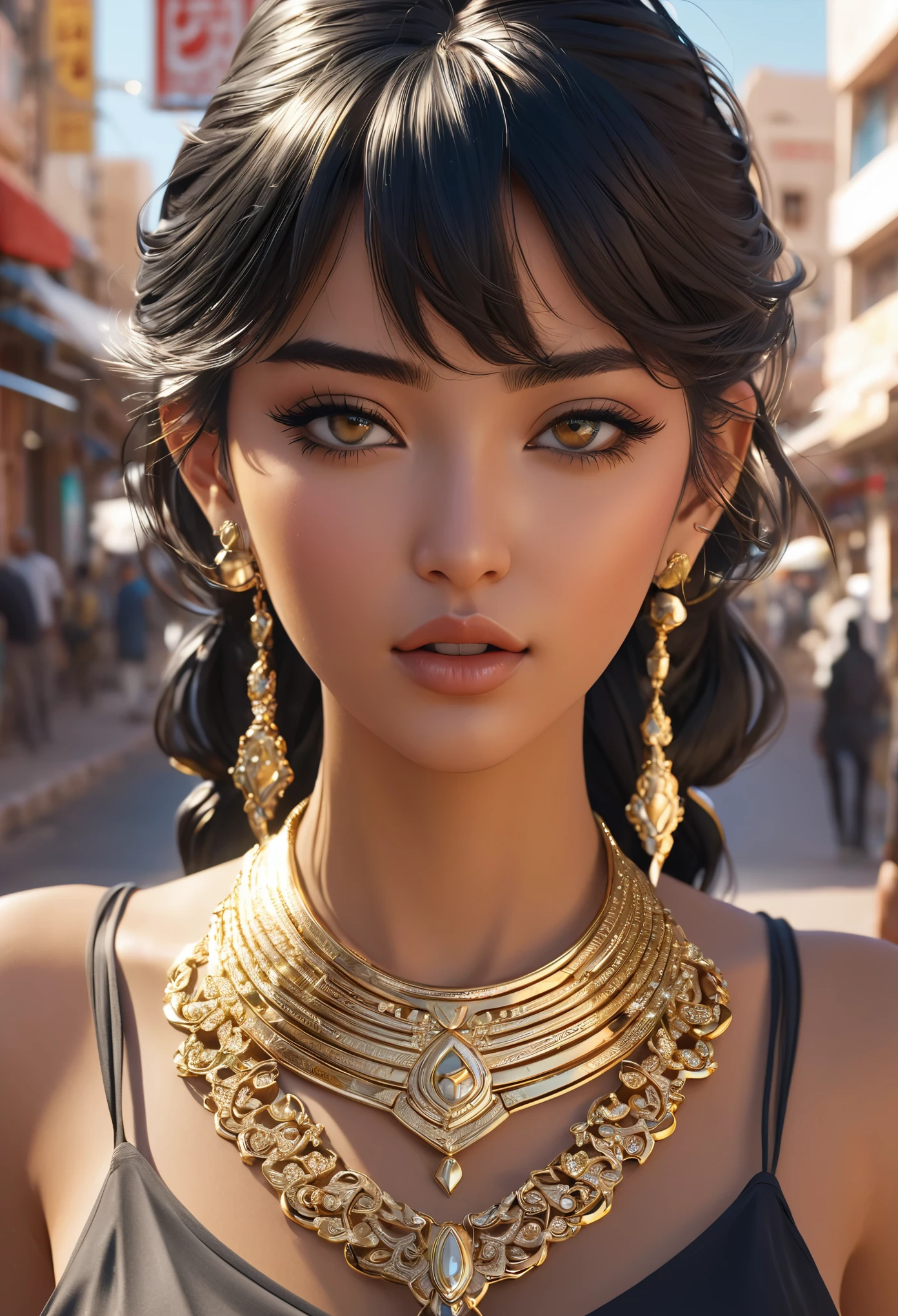 8k wallpaper of a beautiful anime girl wearing gold jewelry on the streets of a city in Western Sahara, Written by Artgerm, complex detail, trend on ArtStation, 8k, smooth movement, amazing shading