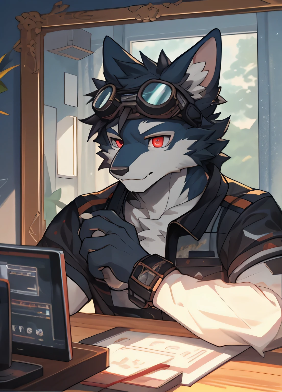 hairy,young,hansome,Black appearance,red eyes,No hats,Wearing blue tech goggles,bedroom,Cai Xukun's,cool reflective clothing,CG,4K,fair