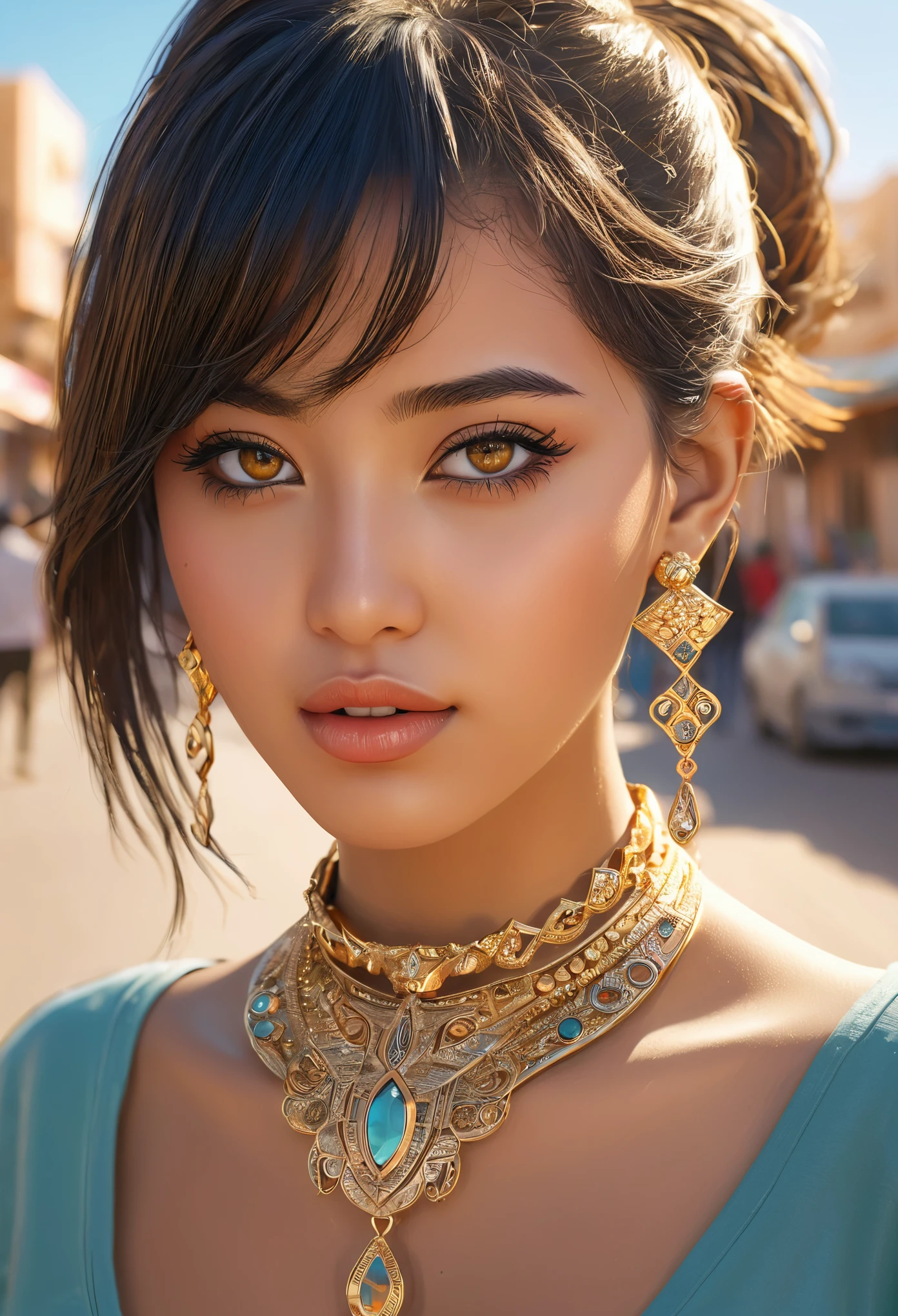(a beautiful girl with anime-style features, in golden jewelry, on the streets of a city in Western Sahara), illustrations, detailed features, high-res, ultra-detailed, photorealistic, portraits, warm color tones, soft lighting