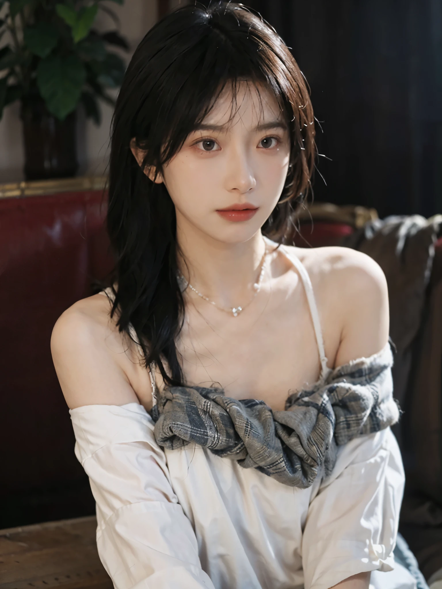 Film portrait photography, 1 girl, bare shoulders,lipstick,(flat chest:1.4), wavy shoulder-length hair, wear necklace,scarf,earrings,short sleeves,serene, calm, (Realistic and detailed eyes, natural skin texture, Realistic facial details), Soft dramatic lighting, depth of field, Bokeh, Vibrant details, Detailed and detailed, surreal, 35mm film, hazy, ,