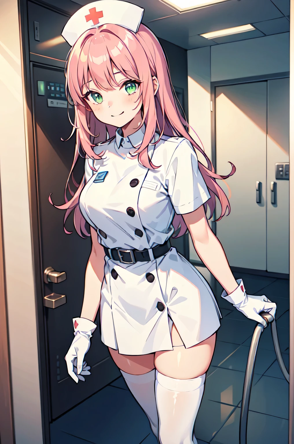 1girl, solo, nurse, white nurse cap, white nurse uniform, ((white legwear, zettai ryouiki)), white gloves, pink hair, green eyes, drooping eyes, smile, standing, ((hospital room)), sharp outline, short sleeves, best quality, masterpiece