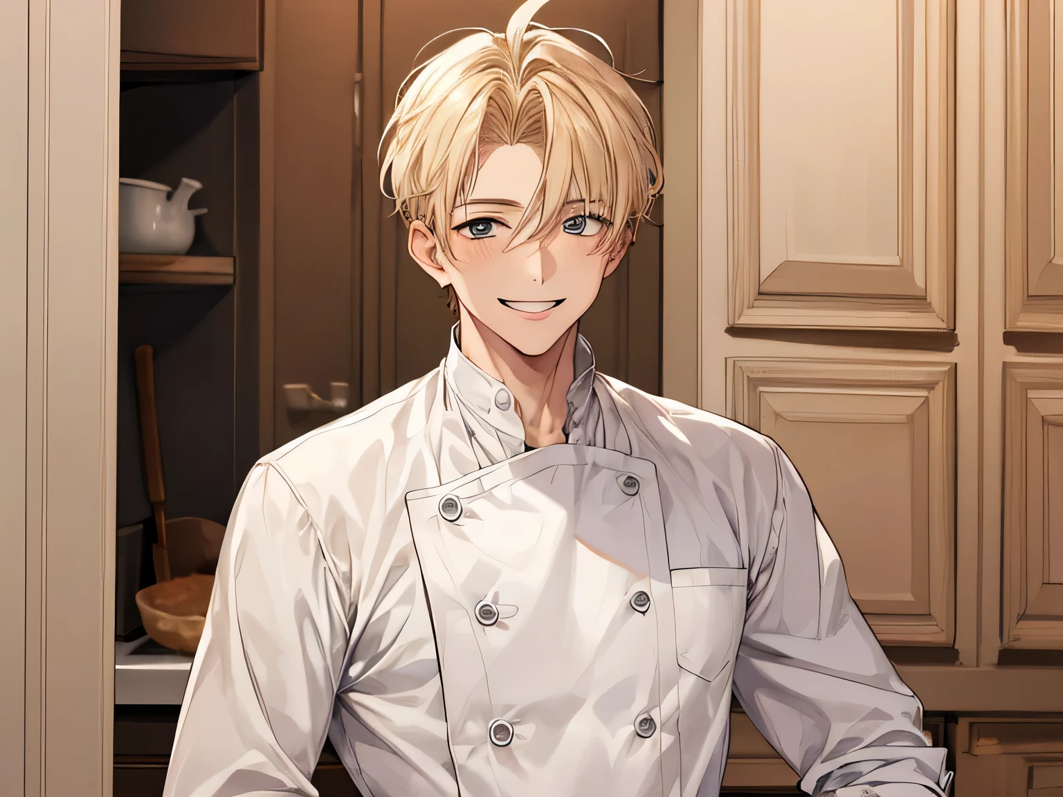 1 male, ,２０generation,blonde, kind, Pastry chef look,upper body shot, smile gently, omega,Background kitchen