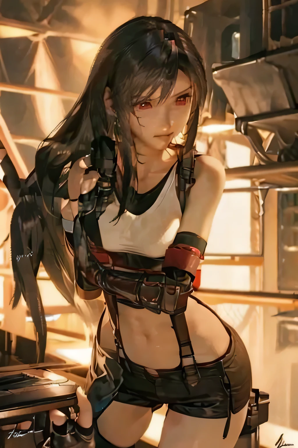 (white tanktop) , (long hair), black hair , ((masterpiece)) , best quality , tifa lockhart, final fantasy vii , 1 girl, bangs, bare shoulders, belt, black belt, black gloves , black skirt, cleavage, clenched hands, closed mouth, collarbone, crop top, earrings, elbow gloves, fingerless gloves, floating hair, gloves, hair behind ear , jewelry, lips , low-tied long hair, midriff, miniskirt , red eyes, red gloves, shirt, sidelocks, signature , sleeveless, stomach, suspenders, swept bangs, taut clothes, taut shirt, thighs, clenched hands , fighting pose