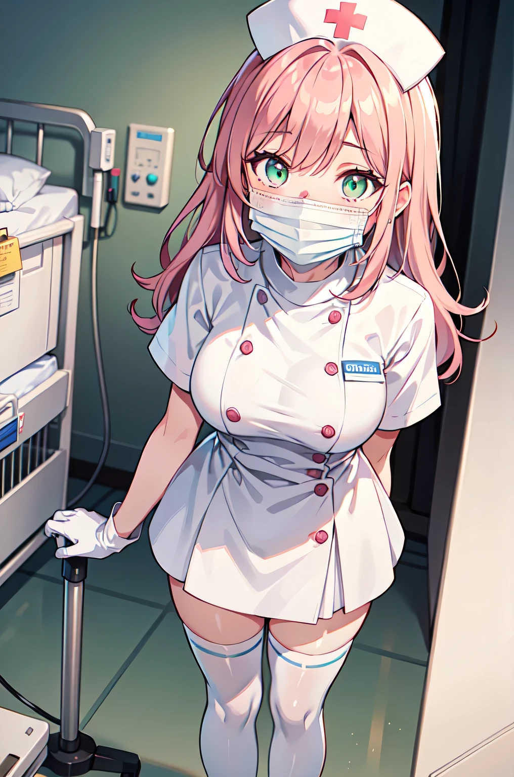 1girl, solo, nurse, white nurse cap, white nurse uniform, ((white legwear, zettai ryouiki)), white gloves, pink hair, green eyes, drooping eyes, ((white surgical mask, covered nose)), standing, ((hospital room)), sharp outline, short sleeves, best quality, masterpiece