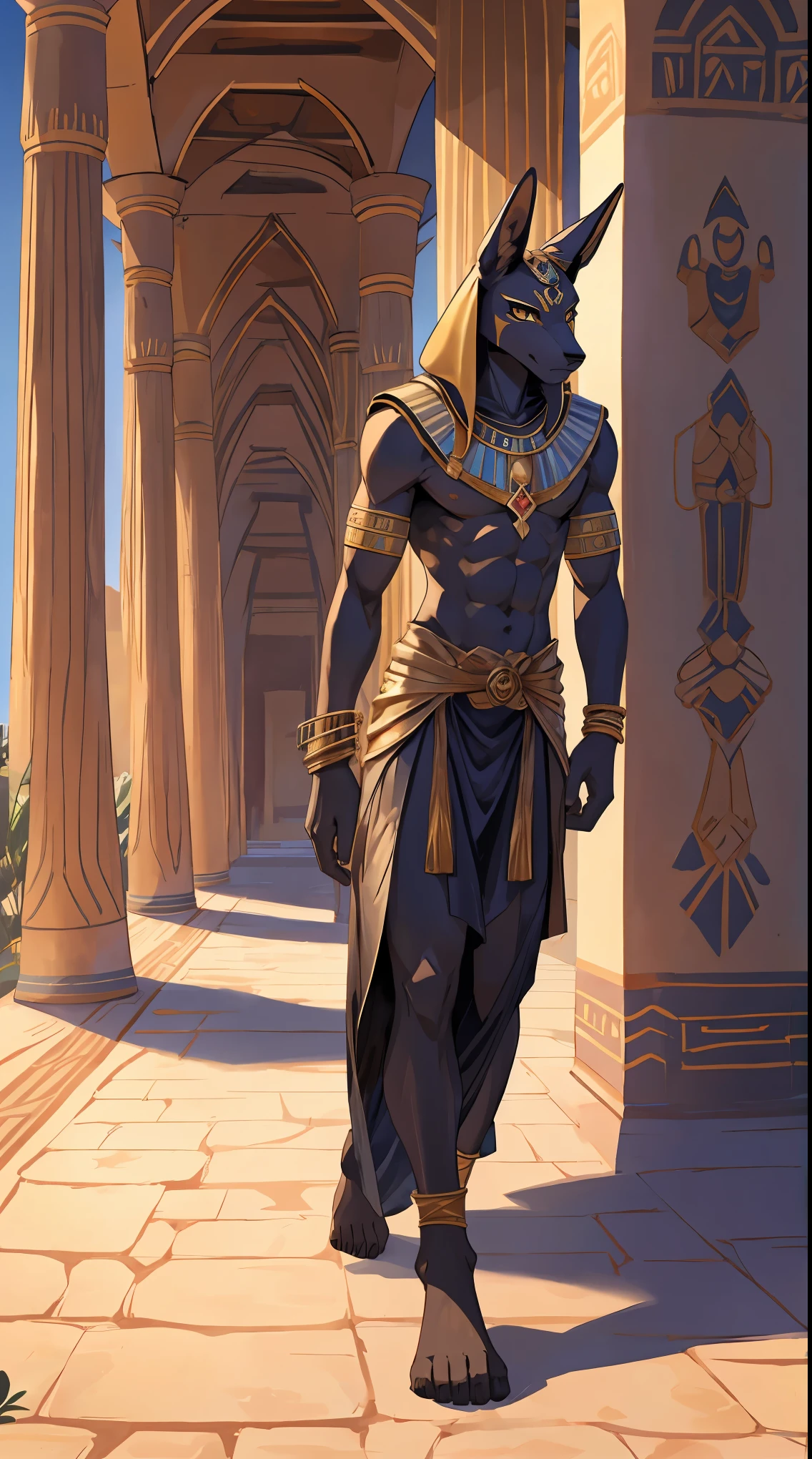 Anubis&#39; hand，male，thin，whole body，front，feet，high quality，Illustration quality，Few clothes，bare legs，Desert Palace，Upper body exposed，slim