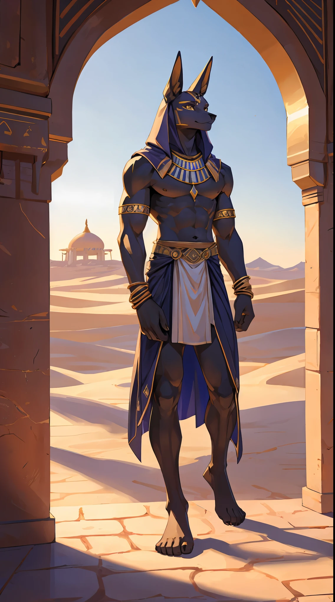 Anubis' hand,male,thin,whole body,front,feet,high quality,Illustration quality,Few clothes,bare legs,Desert Palace,Upper body exposed,slim