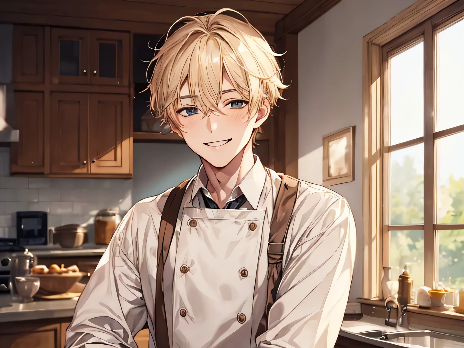 1 male, baby face,２０generation,blonde, kind, Pastry chef look,upper body shot, smile gently, omega,Background kitchen