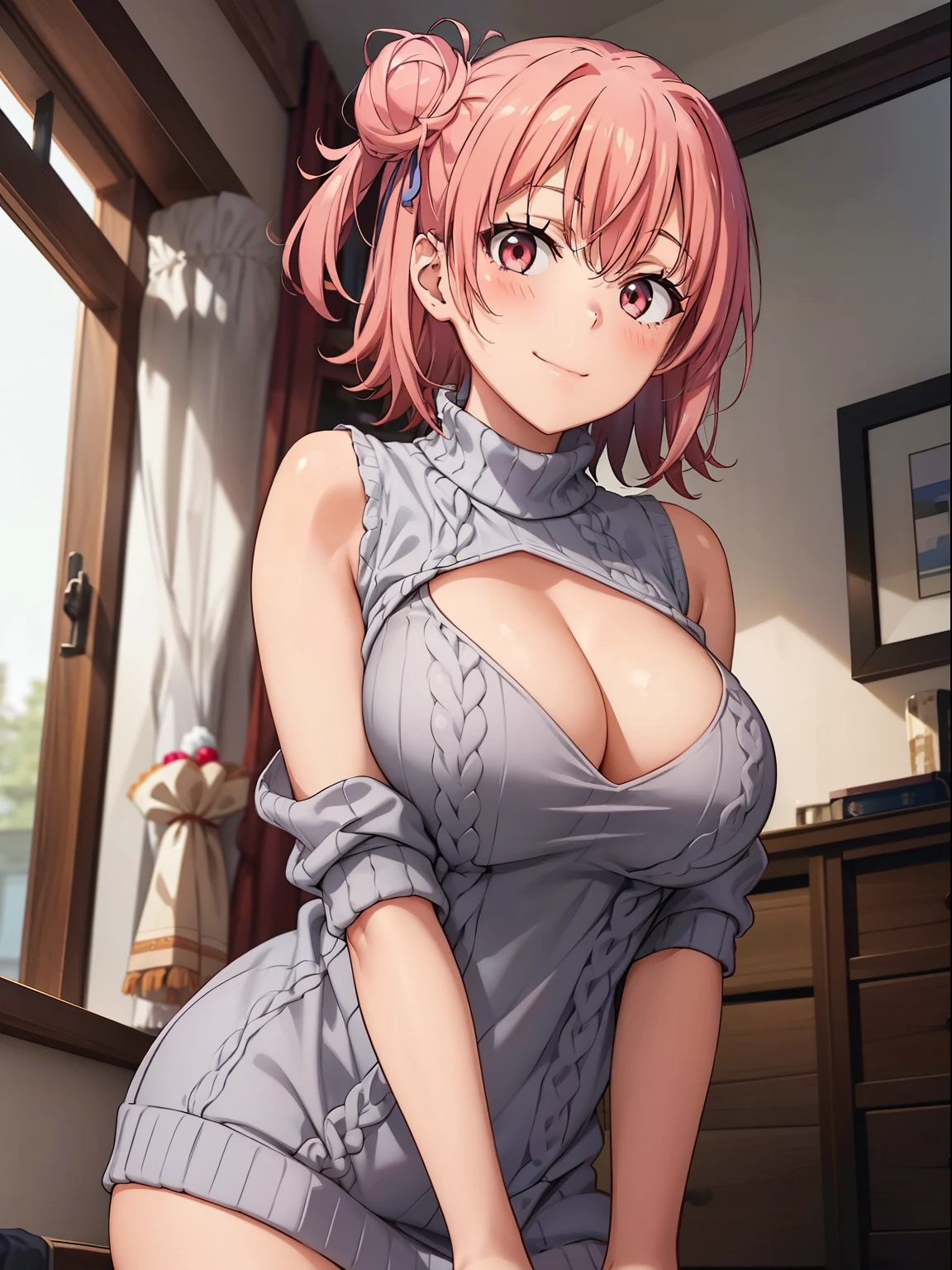 ((highest quality, High resolution,  perfect pixel, written boundary depth, 4k)), 1 girl,  beautiful anime girl, 
close, looking at the viewer, 
perfect body, 

yuigahama yui, bun hair, short hair, pink hair, 
 
blush, smile, 
large breast, 

gray virgin killer sweater, No sleeve, cleavage cutout, 

in bedroom, 

from below, 