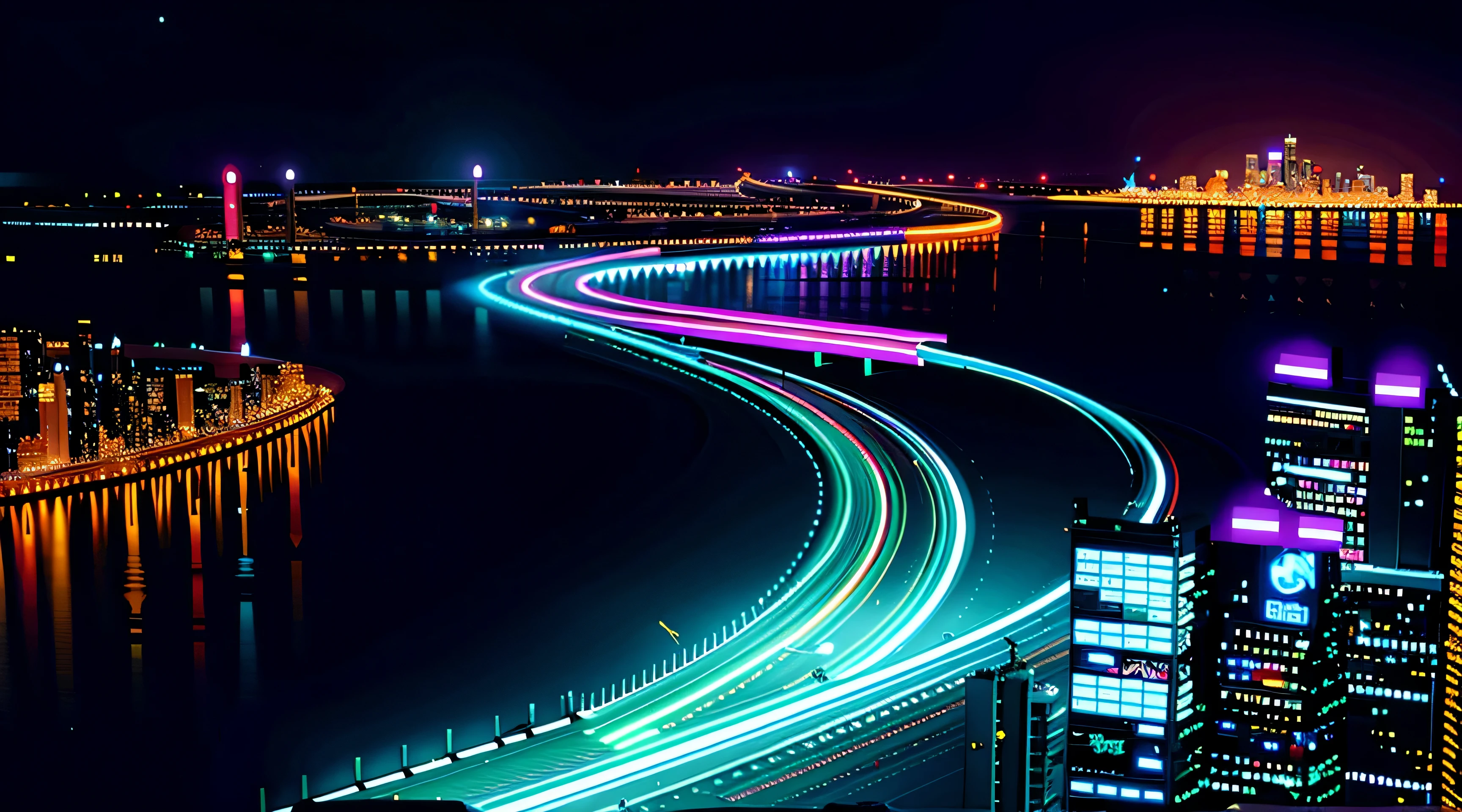 Using realistic neon and LED lights、Beautiful photo of night city landscape in cyberpunk style