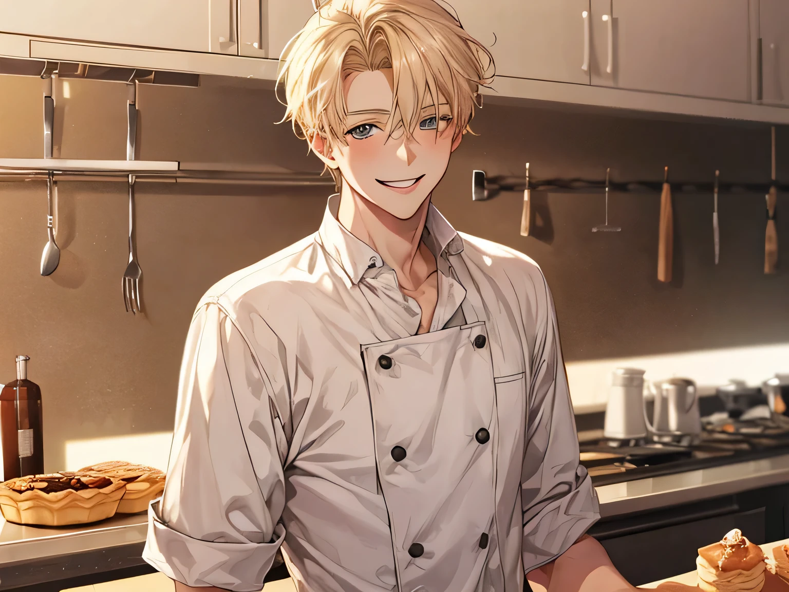 1 male, ,２０generation,blonde, kind, Pastry chef look,upper body shot, smile gently, omega,Background kitchen