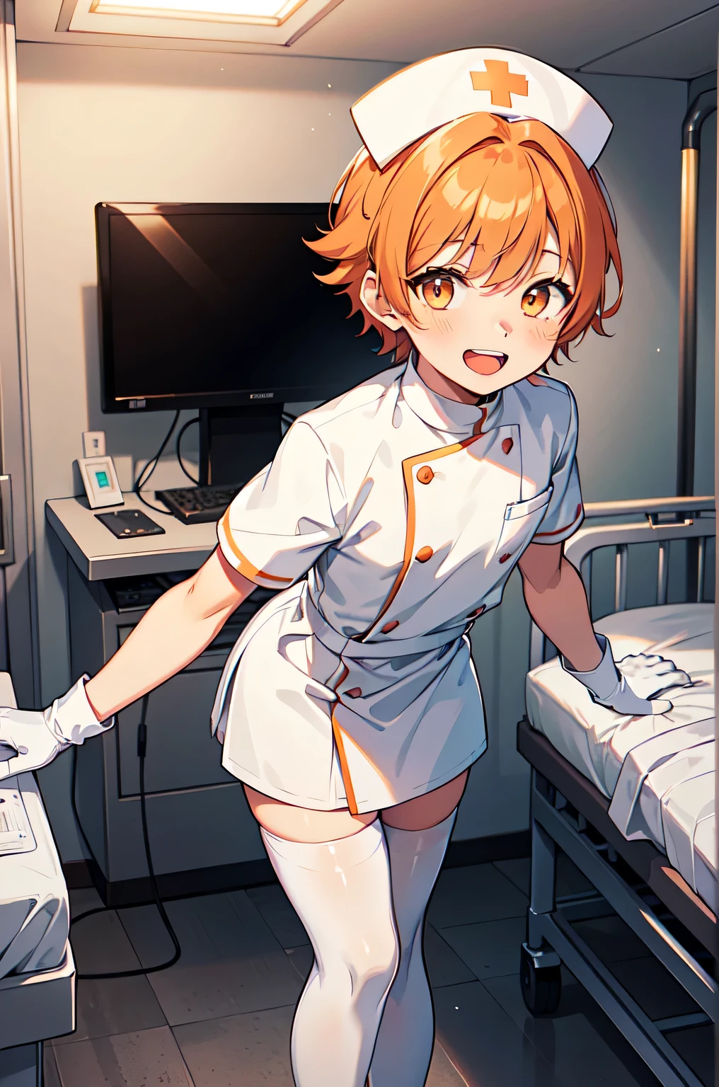 1boy, solo, male focus, nurse, white nurse cap, white nurse uniform, ((white legwear, zettai ryouiki)), white gloves, short hair, orange hair, smile, open mouth, standing, ((hospital room)), sharp outline, short sleeves, shota, , best quality, masterpiece