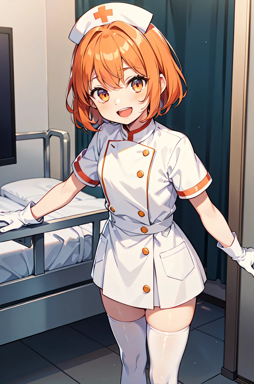 1boy, solo, male focus, nurse, white nurse cap, white nurse uniform, ((white legwear, zettai ryouiki)), white gloves, short hair, orange hair, smile, open mouth, standing, ((hospital room)), sharp outline, short sleeves, shota, 12 years old, best quality, masterpiece