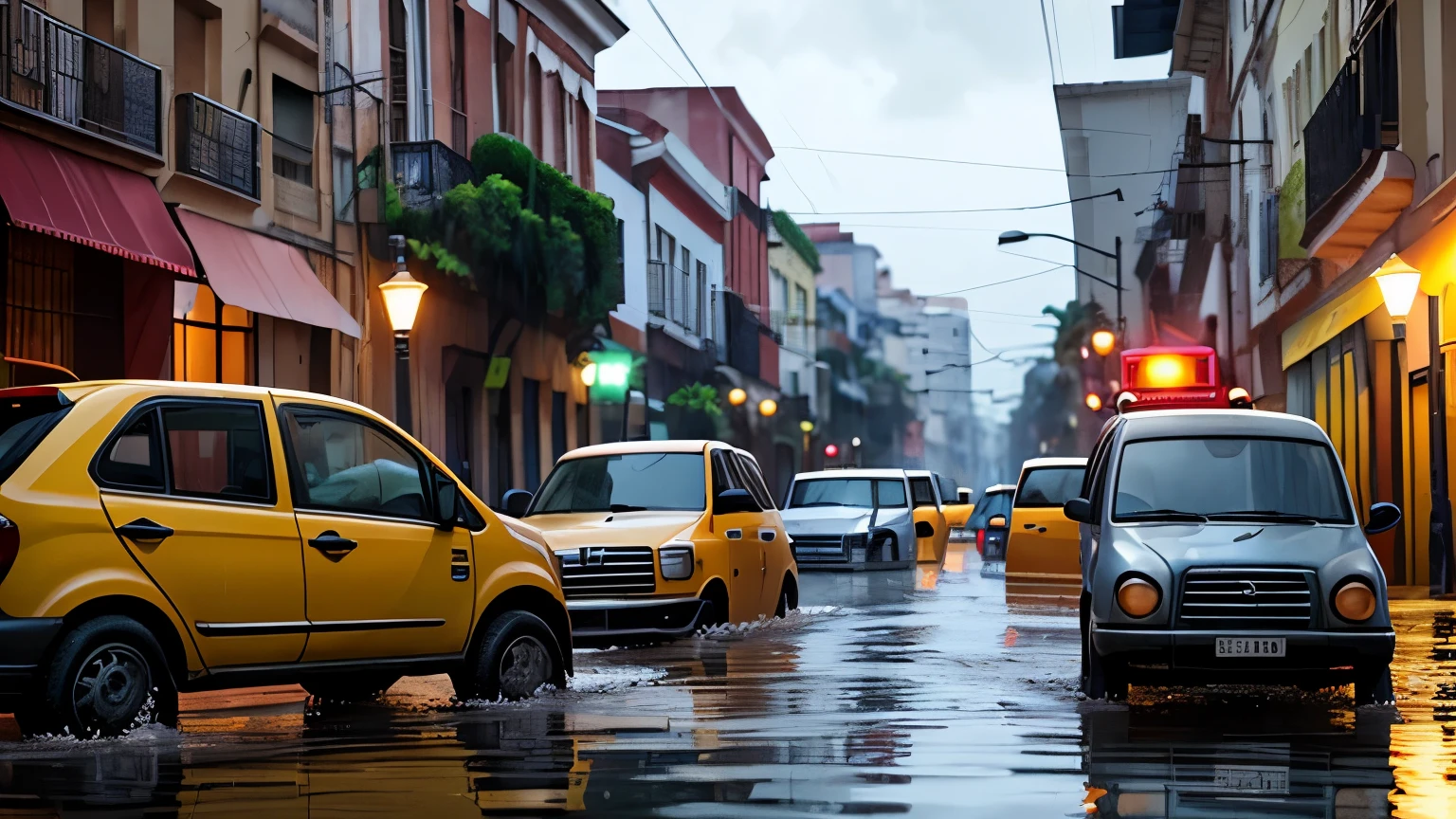 Imagine a stunning 3D scene in the iconic Disney Pixar style, bringing to life the city of Maputo, Mozambique, amidst heavy rains and widespread flooding.
Setting: The scene is set in Maputo's downtown, with its characteristic blend of Portuguese colonial and modern architecture. Streets such as Avenida 25 de Setembro, Rua da Sé, and Praça da Independência serves the main focal points.
Environment: Dark rain clouds dominate the sky, casting an eerie yet beautiful hue on the cityscape. The heavy rain creates ripples and puddles throughout the streets, reflecting vibrant neon lights from nearby signs and buildings. Water flows through the streets, causing flooding in various areas.
Architecture: Portuguese-inspired facades with bright, warm colors contrast against the gloomy backdrop. Pay special attention to details like ornate balconies, arched windows, and weathered textures on buildings.
Characters: Animate diverse, relatable characters from all walks of life, including resilient Mozambicans braving the storm, helping one another amidst the flooding, and carrying out their daily routines.
Vehicles: Model realistic vehicles that fit the context, such as rundown classic cars, taxis, colorful tuk-tuks (auto rickshaws), and buses, some struggling to navigate the flooded streets.
Animals: Introduce typical African wildlife seeking shelter from the rain, such as stray dogs huddled together under awnings and birds perched on streetlights.
Lighting: Utilize dynamic lighting to add depth and mood, highlighting the contrast between dark, flooded streets and the inviting glow of local cafes and shops.
Textures: Incorporate authentic textures in both the environment and characters to showcase the vibrancy and resilience of Maputo's culture. Use materials like damp concrete, water-stained walls, and lush, rain-drenched greenery to emphasize the realistic feel.
Camera movement: Capture the essence of the scene by experimenting with different angles and depths. Try panoramic shots