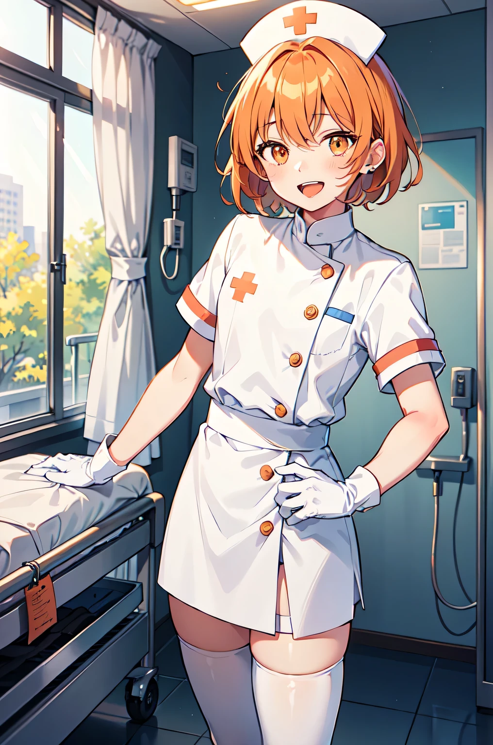 1boy, solo, male focus, nurse, white nurse cap, white nurse uniform, ((white legwear, zettai ryouiki)), white gloves, short hair, orange hair, smile, open mouth, standing, ((hospital room)), sharp outline, short sleeves, shota, 12 years old, best quality, masterpiece