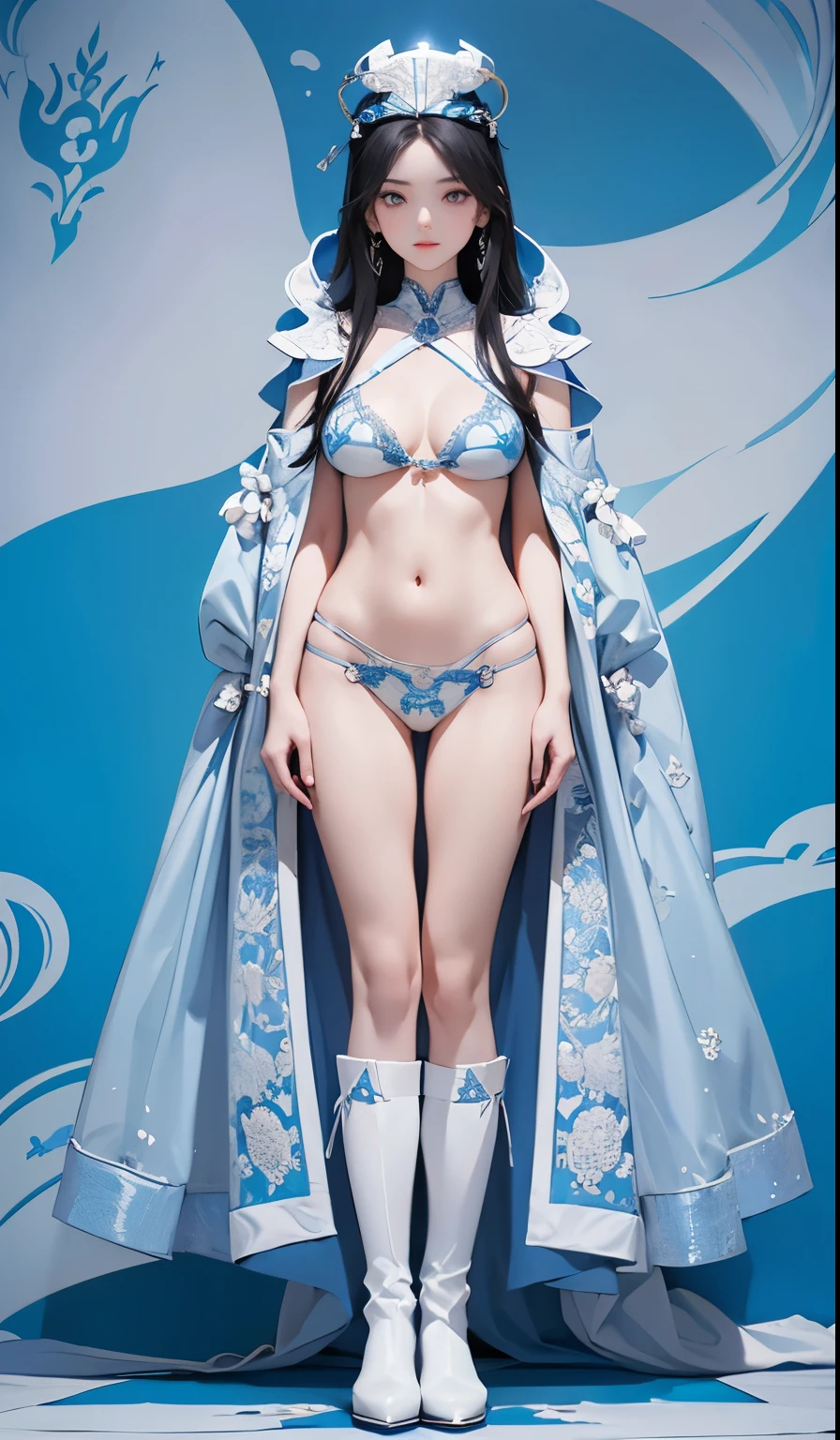 beautiful and delicate woman,The details of the eyes and face are very rich, exquisite eyes, super detailed, High resolution, The content is very detailed,best quality,EnLightenment,Unite,8k wallpaper,masterpiece,best quality,imagine,1 girl,China costume, Wear sexy blue bikini armor,metal style, big breasts, high-cut underwear, 盔甲有圖案metal style的, Big blue priest cloak,priest hat,standing posture,long legs,Put on powder blue and white boots,look at the audience,Face the audience,flowing long hair,Surreal 8000g,Impeccable,masterpiece,professional artwork,famous artwork,Light,movie bloom,perfect face,pretty face,fantasy,Dreamy and magical,not real,intricate details,Exquisite pattern…Korean woman’s face