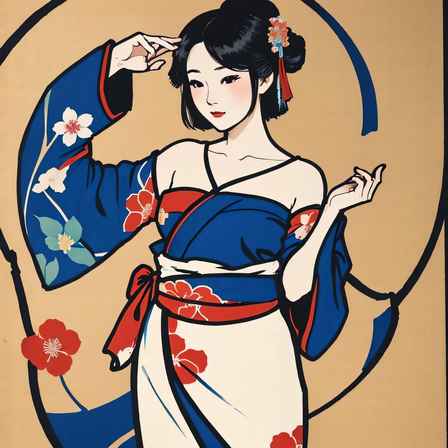 Art vintage japonais, Conception de t-shirts, art vectoriel, art plat:1,4. \\ (japonaise, en kimono, best quality, Art officiel, Beaucoup de couleurs, couleurs du japon, ukiyo-e, couleurs, printemps , bare shoulders, belles formes,: 1.2