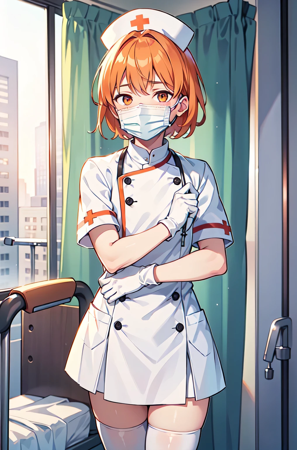 1boy, solo, male focus, nurse, white nurse cap, white nurse uniform, ((white legwear, zettai ryouiki)), white gloves, short hair, orange hair, ((white surgical mask, covered nose)), standing, ((hospital room)), sharp outline, short sleeves, shota, , best quality, masterpiece