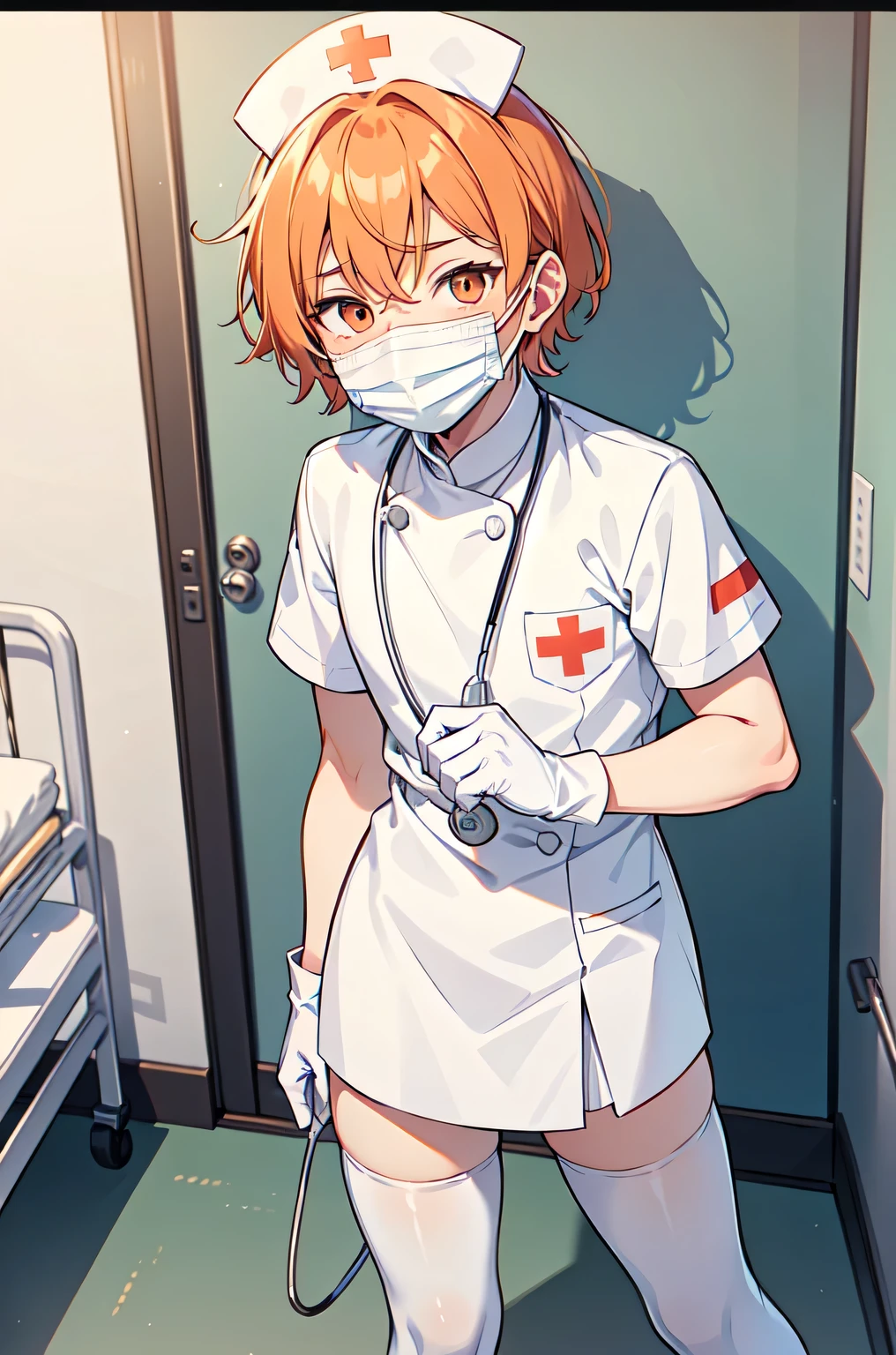 1boy, solo, male focus, nurse, white nurse cap, white nurse uniform, ((white legwear, zettai ryouiki)), white gloves, short hair, orange hair, ((white surgical mask, covered nose)), standing, ((hospital room)), sharp outline, short sleeves, shota, 12 years old, best quality, masterpiece