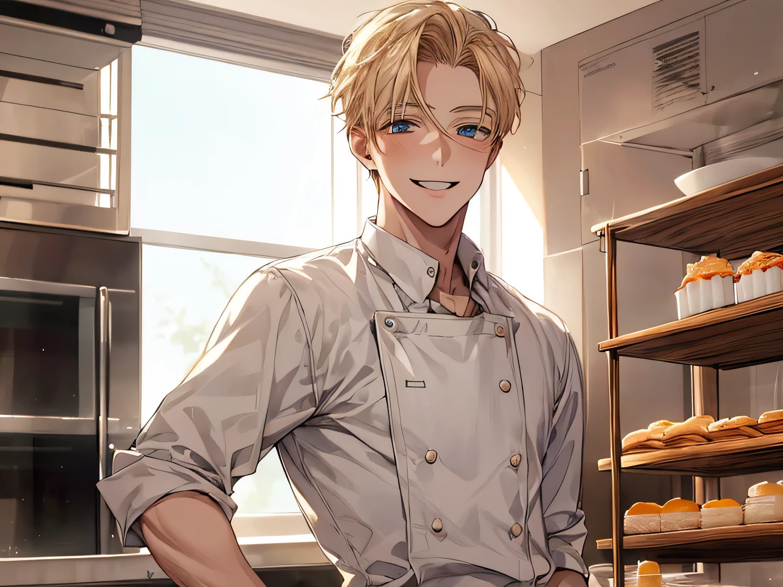 1 male, baby face,20generation,blonde, kind, Pastry chef look,upper body shot, smile gently, omega,Background kitchen