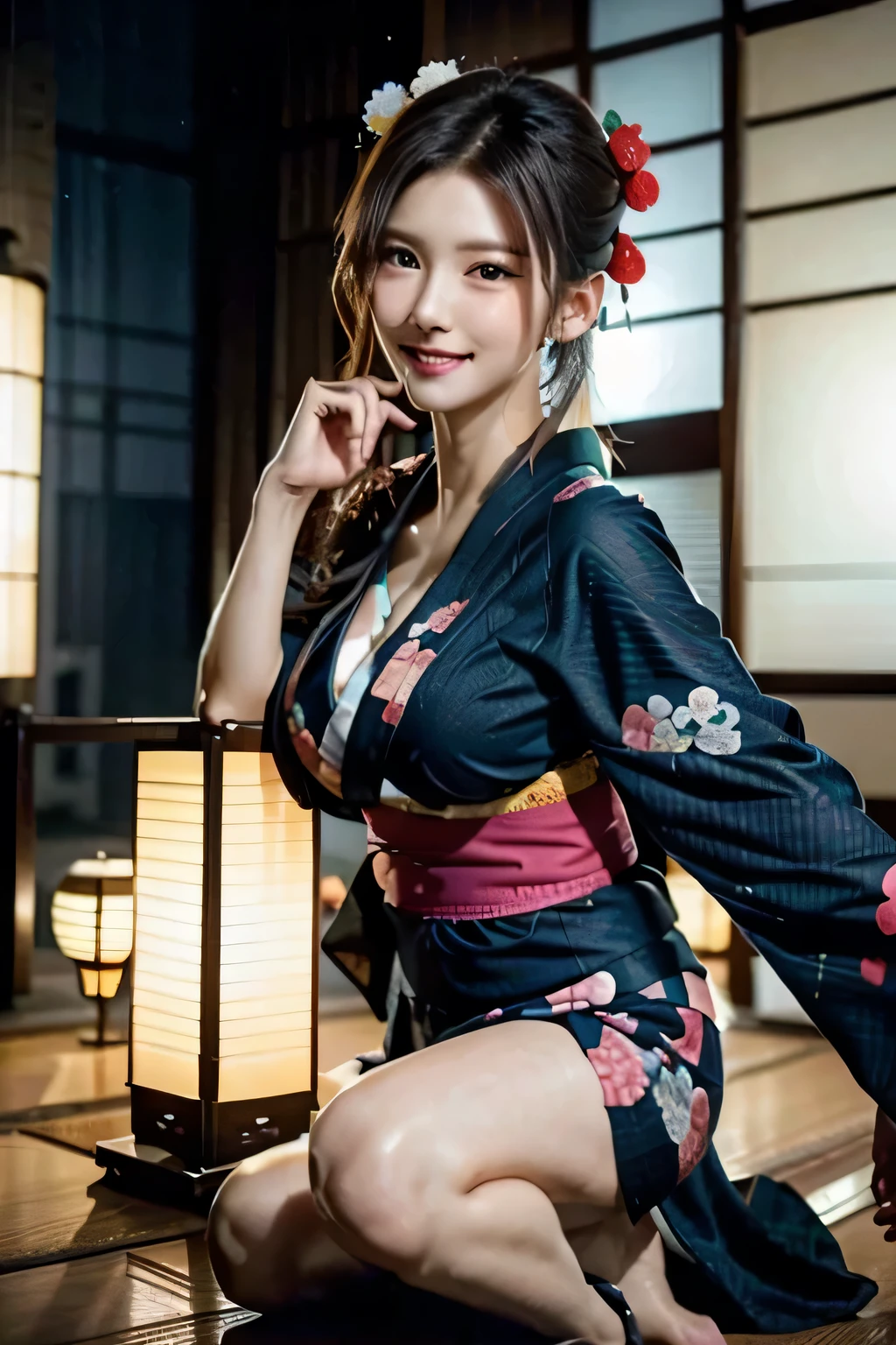 Idol,With a round face,A smile that makes people happy,Classroom wall and window on background,(((Intense dance motion:1.3))),(One hand on thigh and dance rhythmically:1.3),(((Dance that emphasizes breasts:1.3))),(stand up and put one knee up:1.3),Add motion blur effects to simulate motion,(Dynamic and sexy dance poses),(lean forward:1.3),((( kimono:1.3))),big and full breasts,Disturbance of clothing due to movement,(Skirt rises with dance movements:1.3)(flower hair ornament,floral braided top knot,twisted side part ponytail,floral braided headband,half up、floral braided space buns,voluminous fishtail braid,Twisted pan,),(see through bang),(dynamic angle),(dynamic and sexy pose),very delicate and beautiful hair,floating hair on big chest,look at the audience,(professional lighting),highest quality,Ultra high resolution output image,(8K quality,),(sea art 2 mode.1),(Image mode Ultra HD,),beautiful hands,beautiful fingers,Detailed functions of fingers,Detailed features of the wear,Detailed characteristics of hair,detailed facial features,