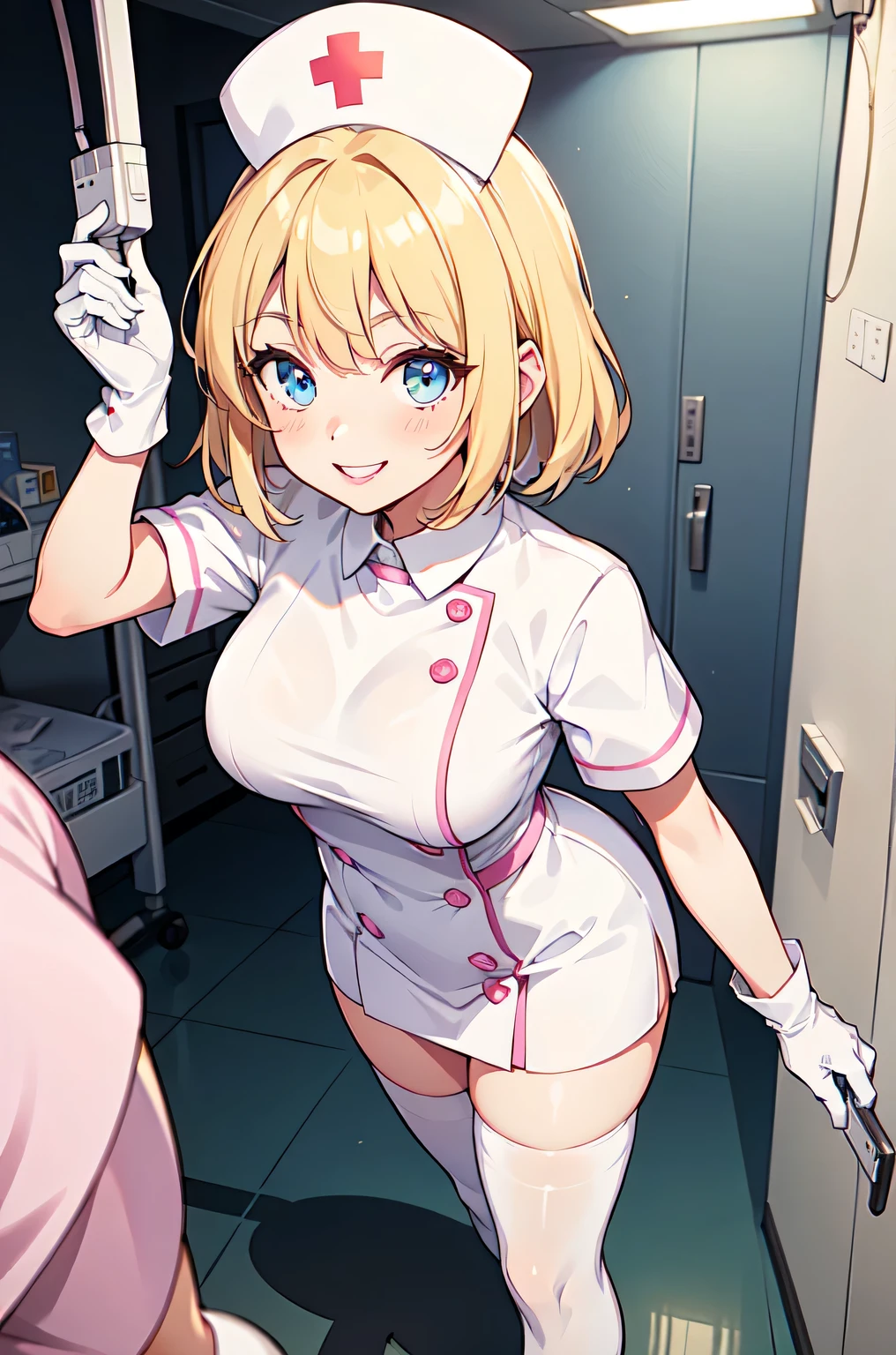 1woman, solo, nurse, white nurse cap, white nurse uniform, ((white legwear, zettai ryouiki)), white gloves, blonde hair, blue eyes, pink lips, smile, standing, ((hospital room)), sharp outline, short sleeves, mature female, 35 years old, best quality, masterpiece