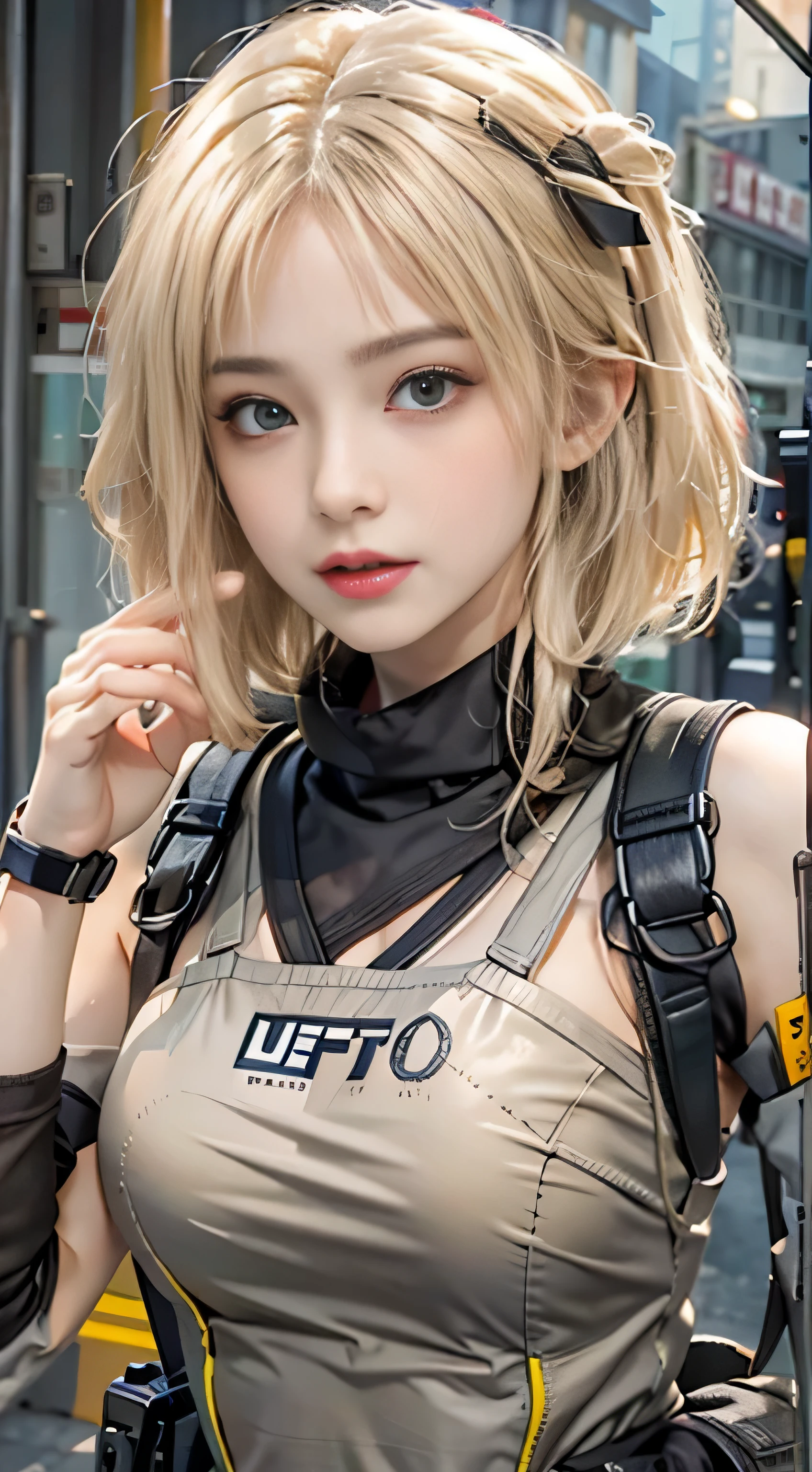 RAW image quality, realistic, High resolution, 1 female, , blonde, straight short bob hair, ribbon, alone, sexy, hip up, show viewer, (detailed face), swat vest, Assault rifle, jewelry, (nishikigi chisato),