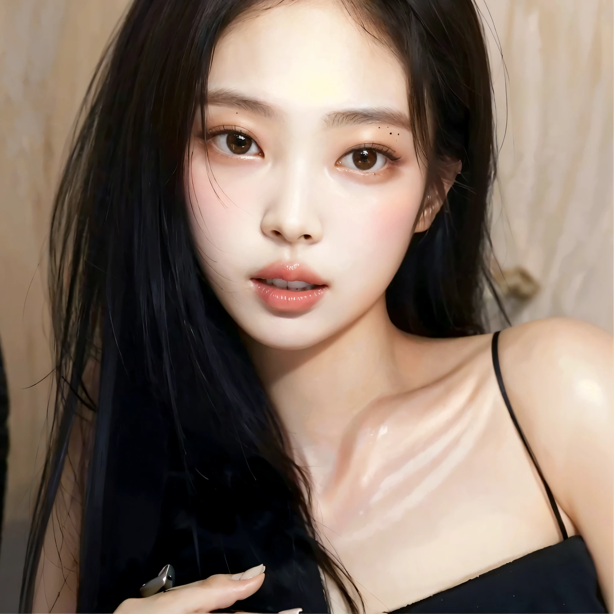 um close de uma mulher com longos cabelos pretos e uma blusa preta, maquiagem sul-coreana popular, maquiagem coreana popular, beautiful south mulher coreana, gorgeous young mulher coreana,  coreana, rosto sexy com maquiagem completa, Korean facial features, beautiful young mulher coreana, cruel korean goth girl, Ulzzang, adorable and pale korean face, mulher coreana, thin, pale lips