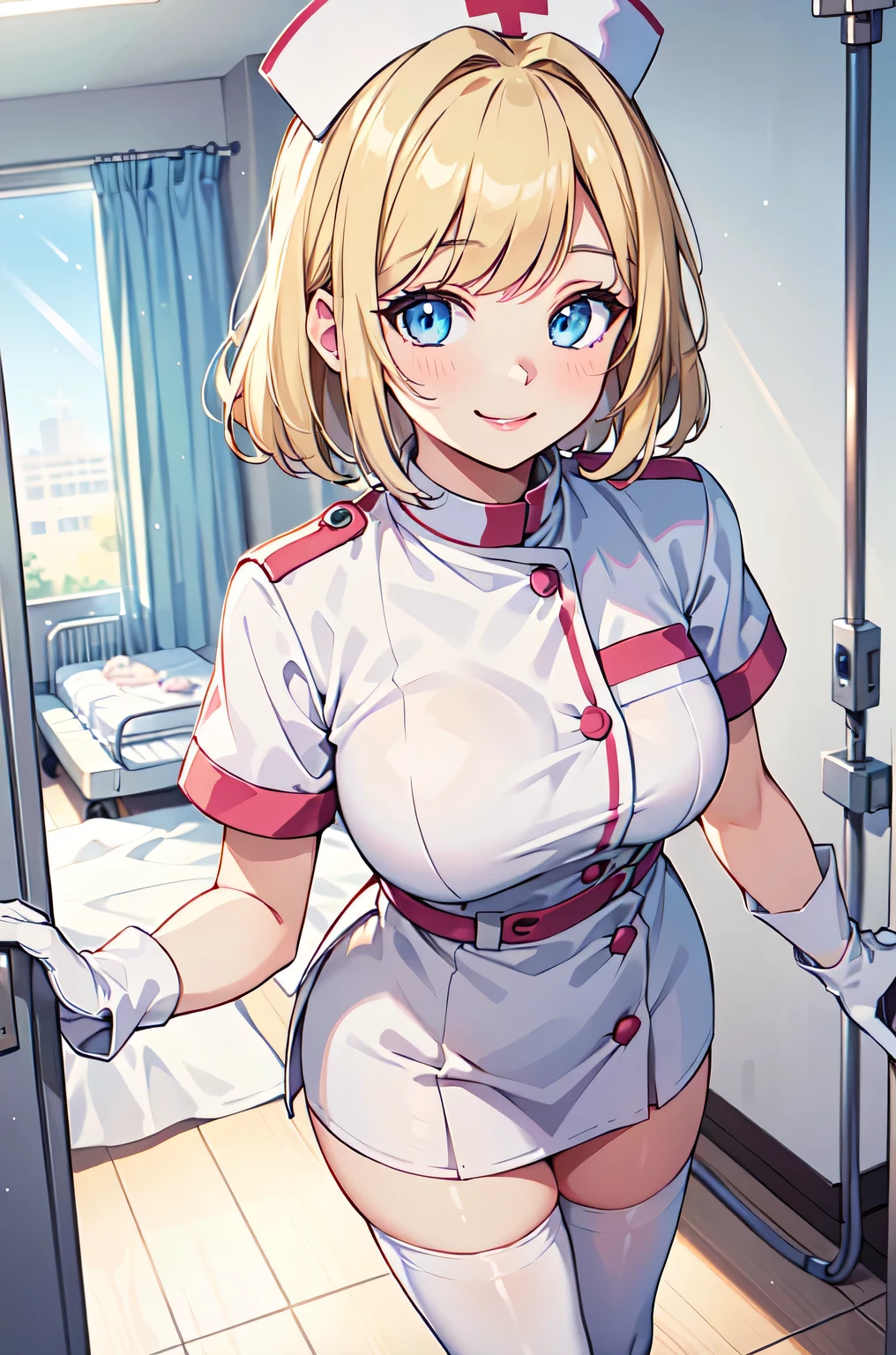 1woman, solo, nurse, white nurse cap, white nurse uniform, ((white legwear, zettai ryouiki)), white gloves, blonde hair, blue eyes, pink lips, smile, standing, ((hospital room)), sharp outline, short sleeves, mature female, 35 years old, best quality, masterpiece