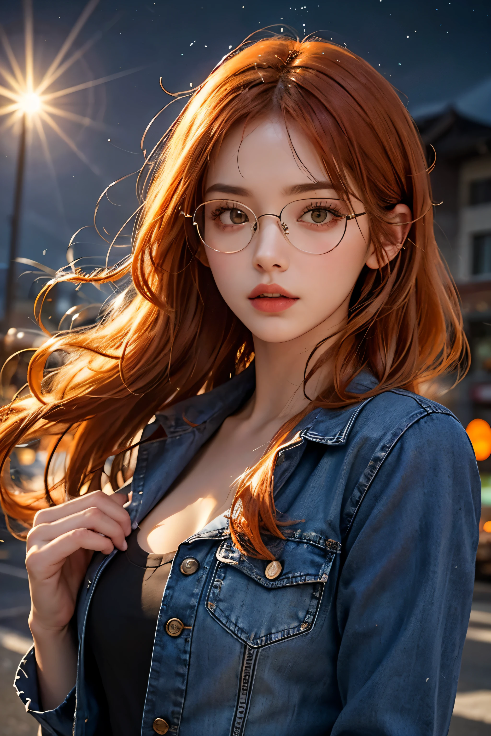 lifelike, High resolution, soft light,1 woman, (Detailed face), denim jacket，Hold a book in hand，wear glasses，sharp vision, noble and inviolable temperament, (([woman]: 1.2 + [beauty]: 1.2 + long orange hair: 1.2)), Bright Eyes, Purple tone pattern，Purple light and shadow，（standing on the street），clear beauty, woman, 20 years old，((Autumnal) )，beauty delicate eyes, Good 8KCG wallpaper, official art， Super detailed， masterpiece， best quality， Detailed face，expression of stoicism，dynamic poses，meteor，starry sky，Milky Way，（original photo，best quality），（realistically，Real shot：1.3），best quality，Very detailed，masterpiece，Super detailed，（whole body），dynamic angle，world masterpiece theater，messy_long_hair，best quality，Astonishing，movie lighting，lens_flare，
