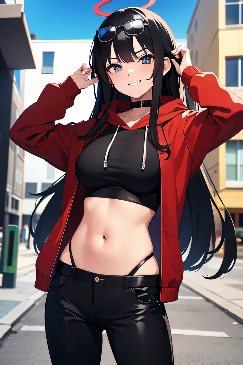 1girl, anime, , 4k, long black hair, sunglasses, red hoodie, black pants, smirking, alleyway, halo