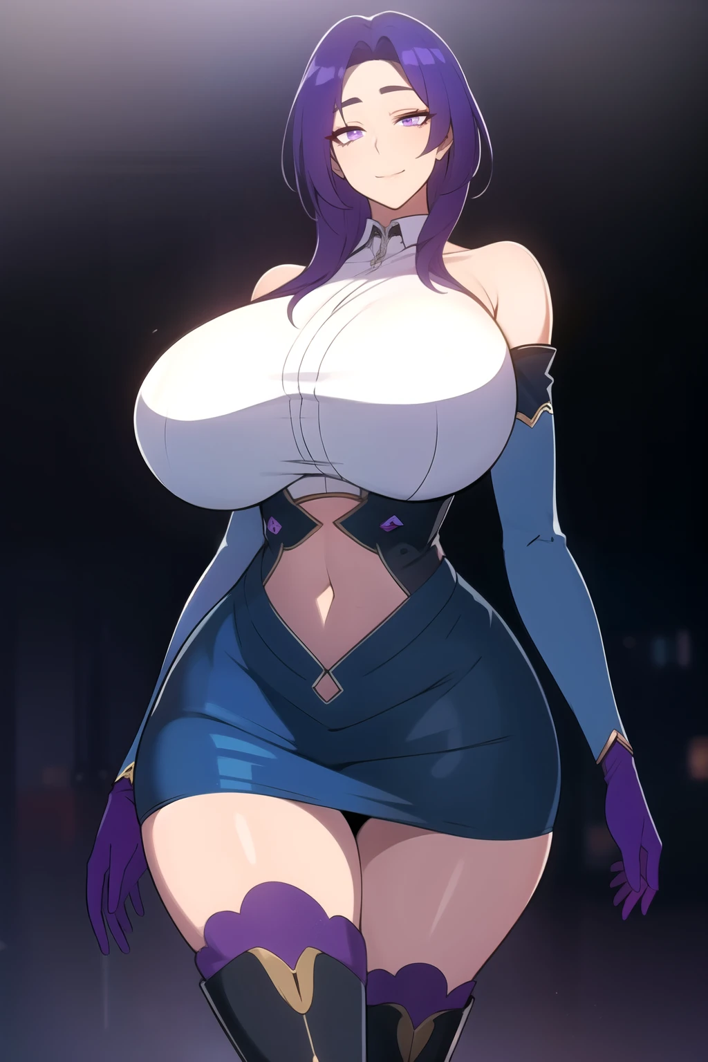 masterpiece, best quality, absurdres, 8k, perfect shadows,perfect lighting,hdr, cowboy shot,shiny skin,skindentation, beautiful body, kafka, ((Purplish Blue hair: 1.4)), long hair, (violet eyes: 1.4), (crop top, underboob, elbow gloves, thigh boots, split skirt, bare shoulders, curvy, midriff, curvy, thighs, higheels, shiny clothes), complex detailed background, inside, luxury palace) (gigantic breasts,hourglass body, thin waist,very slim waist)extremely detailed face,detailed eye makeup, detail face, nice detailed eyes,nice hands, perfect hands (realistic pupils,realistic iris:1) heavy eye makeup,glowing eyes, Bright eyes,standing,standing at attention,(seductive smile), gigantic breasts, curvy