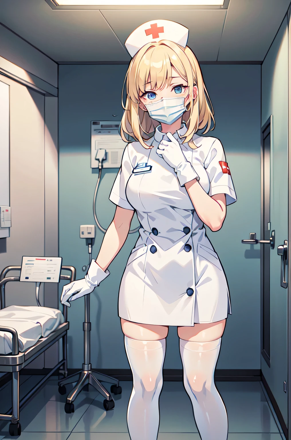 1woman, solo, nurse, white nurse cap, white nurse uniform, ((white legwear, zettai ryouiki)), white gloves, blonde hair, blue eyes, ((white surgical mask, covered nose)), standing, ((hospital room)), sharp outline, short sleeves, mature female, 35 years old, best quality, masterpiece