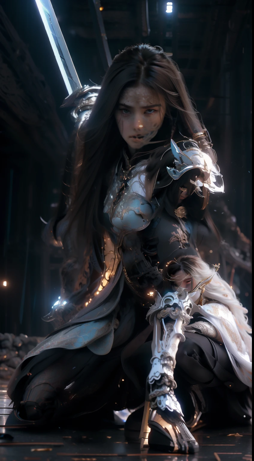 looking back,fighting stance,(Cinematic scene,Fantasy Art,Highest image quality,Hyperrealism portrait,(8K),Ultra-realistic,Best Quality,High quality,High Definition,high quality texture,high detailing,Beautiful detailed,fine detailed,extremely details CG,Detailed texture,realistic representation of face,masterpiece,presence,Dynamic,Bold),1gir,Ultra detailed skin,Curve,,Beautiful breasts,Large breasts,pale skin,pointed breast,Erect nipples,(Thin hair),(Soft hair),(Ultra straight hair),Swept long bangs,Extra bright coppery amber hair,Hair over one eye,nsfw,yuri,(porn image),(leather boots,(asymmetrical mecha armor),(long embroidered white lace dress,see through,lift up the hem of the dress)) (((holding luxury black sword))))