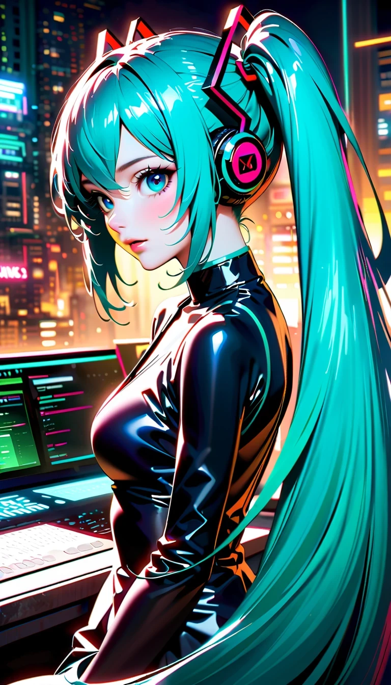 Create a high-resolution, visually stunning portrait that captures the essence of Hatsune Miku, the digital singing sensation known for her distinctive voice and signature blue-green hair. Dress her in futuristic or cyberpunk-inspired attire that reflects her unique persona. Compositionally, draw inspiration from National Geographic photography to create a sense of depth and realism, emphasizing natural lighting, vivid colors, and an immersive environment. Ensure the final image is presented in ultra-high definition quality to showcase every detail and bring Miku's virtual world to life with breathtaking clarity.