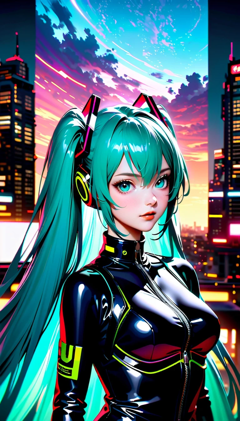 Create a high-resolution, visually stunning portrait that captures the essence of Hatsune Miku, the digital singing sensation known for her distinctive voice and signature blue-green hair. Dress her in futuristic or cyberpunk-inspired attire that reflects her unique persona. Compositionally, draw inspiration from National Geographic photography to create a sense of depth and realism, emphasizing natural lighting, vivid colors, and an immersive environment. Ensure the final image is presented in ultra-high definition quality to showcase every detail and bring Miku's virtual world to life with breathtaking clarity.

