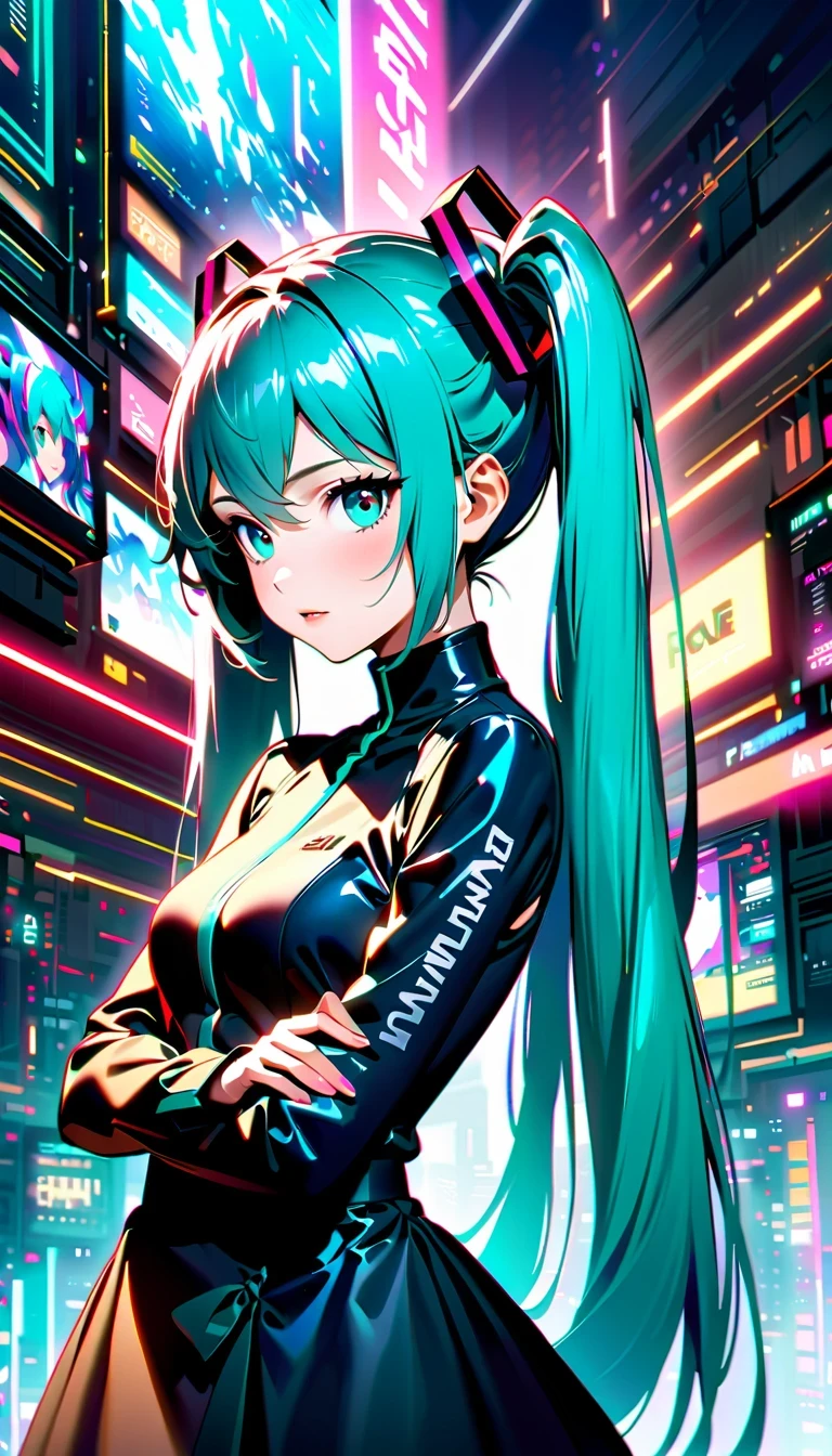 Create a high-resolution, visually stunning portrait that captures the essence of Hatsune Miku, the digital singing sensation known for her distinctive voice and signature blue-green hair. Dress her in futuristic or cyberpunk-inspired attire that reflects her unique persona. Compositionally, draw inspiration from National Geographic photography to create a sense of depth and realism, emphasizing natural lighting, vivid colors, and an immersive environment. Ensure the final image is presented in ultra-high definition quality to showcase every detail and bring Miku's virtual world to life with breathtaking clarity.

