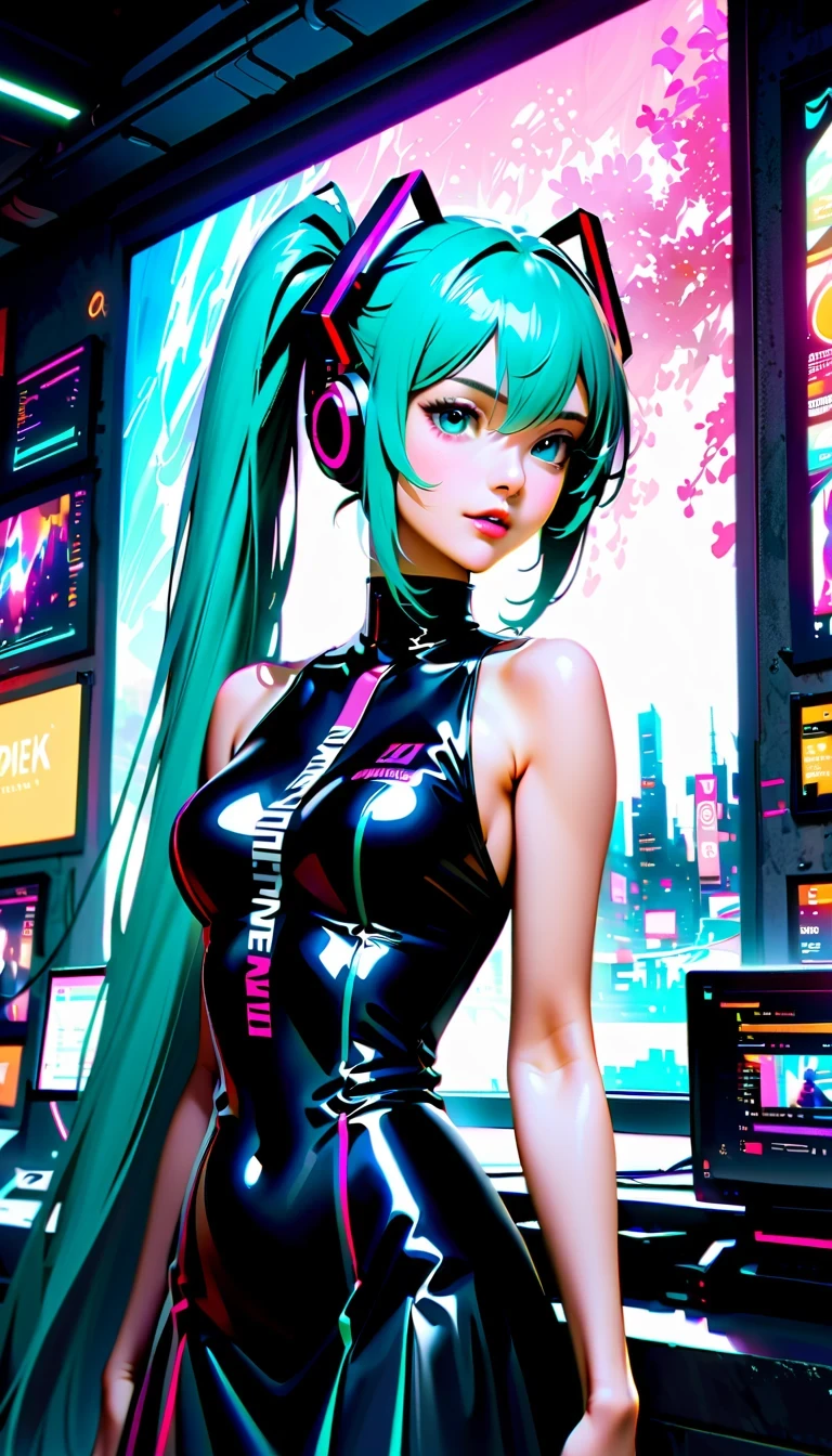 Create a high-resolution, visually stunning portrait that captures the essence of Hatsune Miku, the digital singing sensation known for her distinctive voice and signature blue-green hair. Dress her in futuristic or cyberpunk-inspired attire that reflects her unique persona. Compositionally, draw inspiration from National Geographic photography to create a sense of depth and realism, emphasizing natural lighting, vivid colors, and an immersive environment. Ensure the final image is presented in ultra-high definition quality to showcase every detail and bring Miku's virtual world to life with breathtaking clarity.

