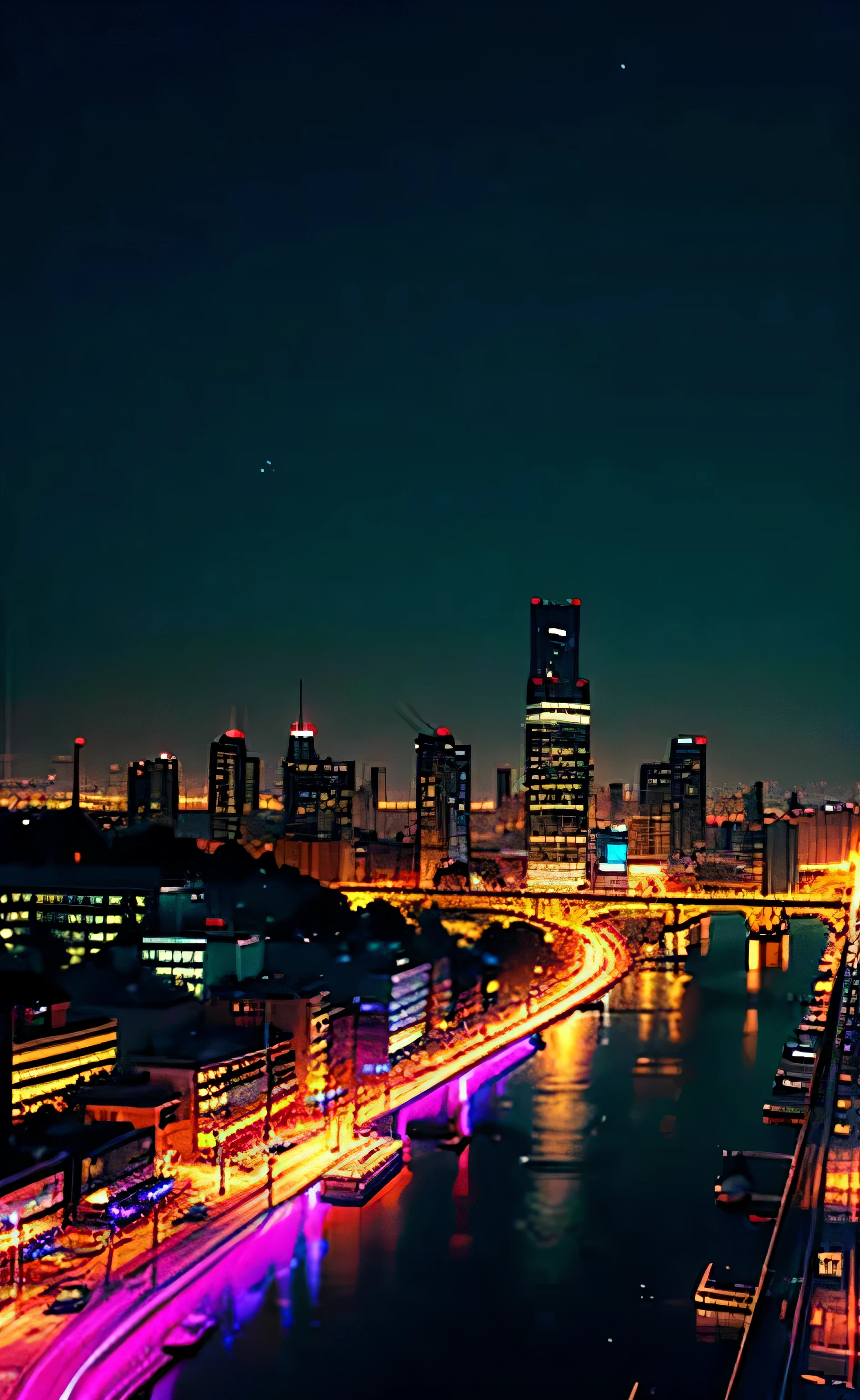 Night view of the city with bridge and river, skyline display, beautiful future city, romantic night, Sound influenced by Chasubio, Against the background of a huge neon city, Experience the atmosphere and surprise of urban design. (Optimized prompt content)