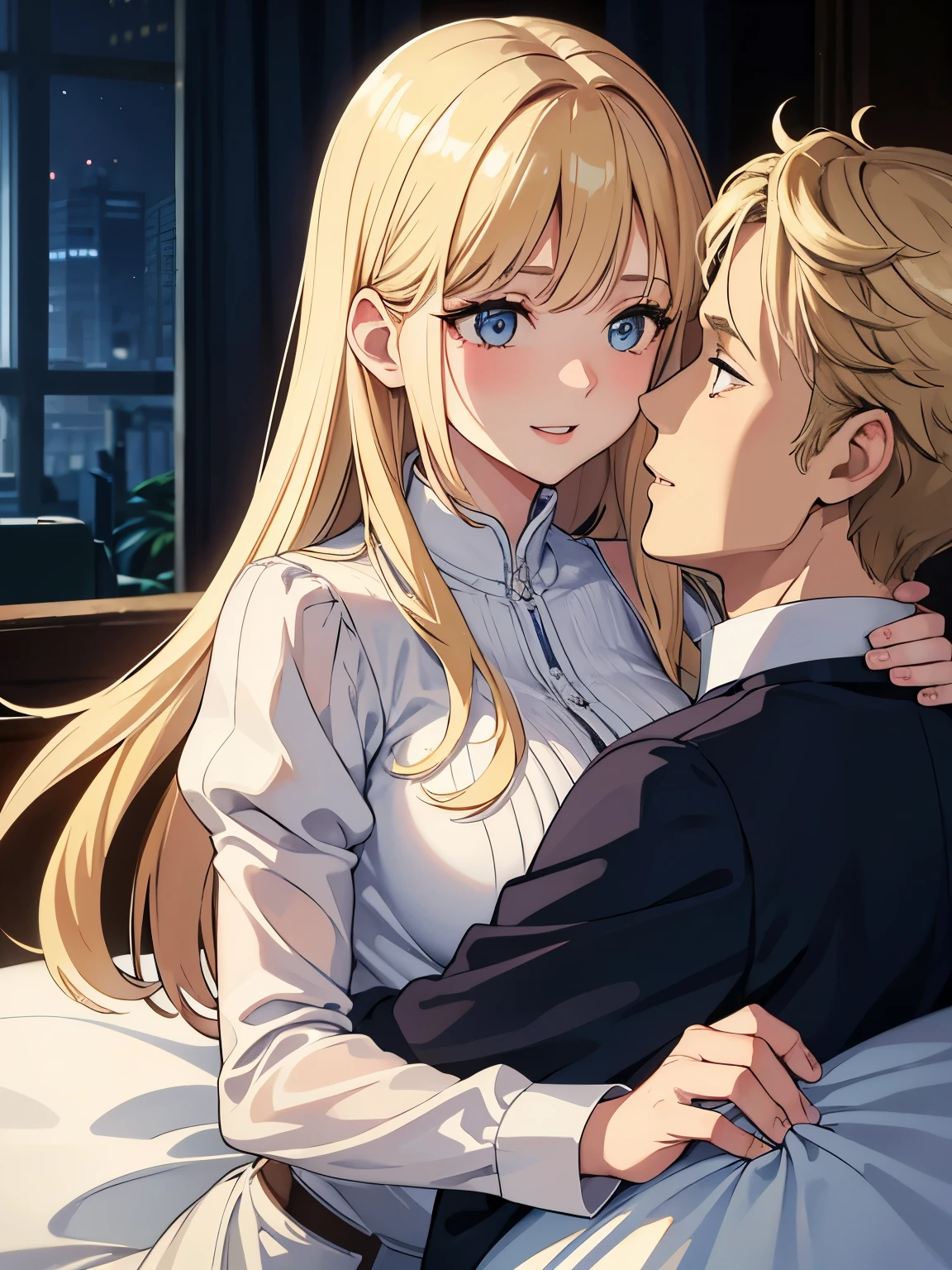 a beautiful and elegant couple with blonde hair and blue eyes, the woman wears a short, light dress with barrettes in her long, voluminous blonde hair, the blonde mature man with an athletic build and a tight shirt holding her waist affectionately, the man has short, well-groomed hair, the couple looks at each other in love, 1 man, 1 woman, romance, feeling of affection, attention to detail, perfect eyes, well-designed lips, kind smile, passionate atmosphere, focus on the couple, well-defined silhouette, clear face, round and expressive eyes, soft colors, clarity , 8k, fhd, dynamic poses, dynamic expressions