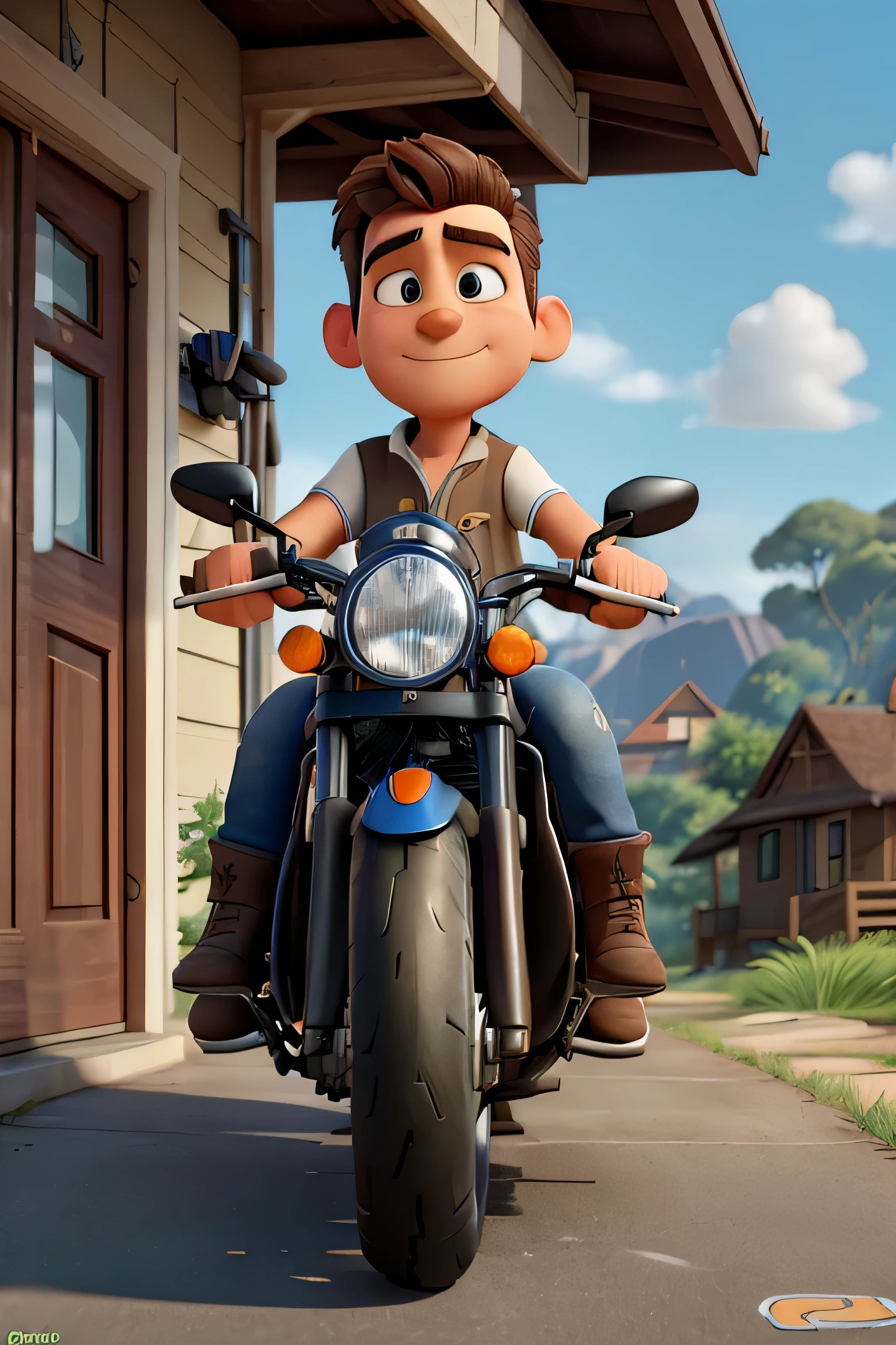 The image shows an outdoor scene during the day with natural lighting, likely in a residential setting.
To the left is a garden area with grass, a variety of medium-sized plants with green leaves and spiky red flowers. There are also some taller bushes without flowers that extend towards the top of the image.
The main focus is in the center: a man wearing a motorcycle helmet sitting on a motorcycle. The helmet is multicolored with shades of blue, black and white and a dark visor. The man is wearing a blue shirt and jeans. He looks forward, but slightly towards the camera, with a relaxed posture and his hands resting on the motorcycle controls.
The motorcycle is mostly black, with silver details and decorative stickers. It is parked and supported on the side leg.
Behind the man and the motorcycle, there is a facade of a house with mustard-yellow walls. The door is vertical, tall and narrow, appears closed and is almost black in color with a visible white handle. To the right of the door is a brown column with a tile pattern that looks rocky, and partially visible to the right of the image is a low wall in the same color as the house.
Around the house and the motorcycle, there are areas of shadow and light, provided by the vegetation and structures of the scene, which give a sense of depth and naturalness to the environment.
On the ground, we see light gray concrete that serves as the access path to the house and where the motorcycle is parked, with some stained areas and natural cracks.
To recreate this image in Disney Pixar's 3D style, it would be necessary to capture the organic, natural feel of the environment and simplify the details to give it a more stylized and friendly look, characteristic of Pixar films. The man and motorcycle would be stylized to have proportions and features that match the Pixar style, while maintaining elements that make them recognizable. The house in the background would have vibrant colors and softened textures.