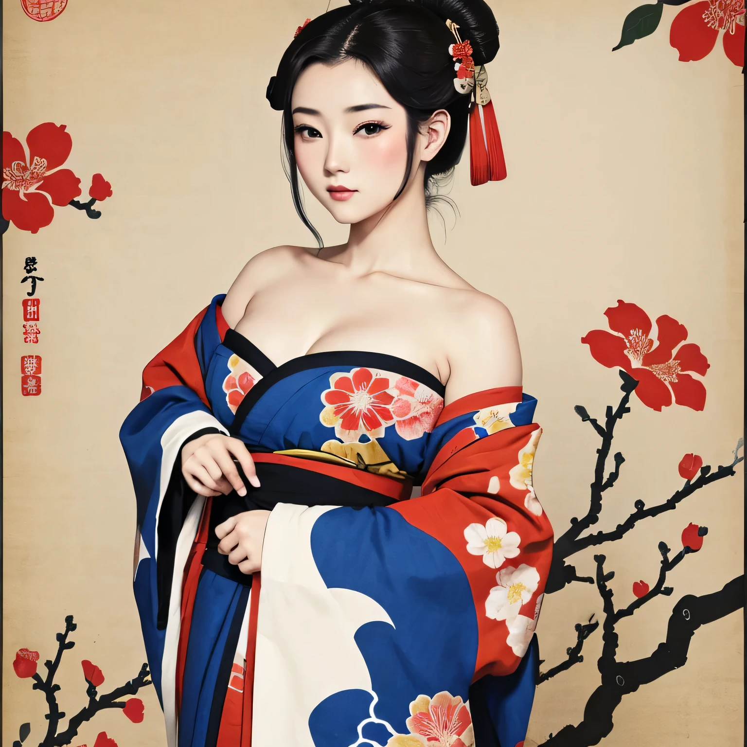 Art vintage japonais, Conception de t-shirts, art vectoriel, art plat:1,4. \\ (japonaise, en kimono, best quality, Art officiel, Beaucoup de couleurs, couleurs du japon, ukiyo-e, couleurs, printemps , bare shoulders, belles formes,: 1.2