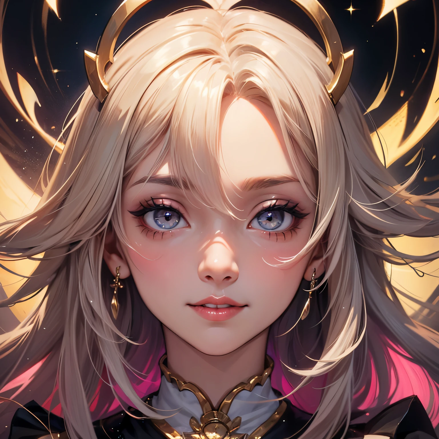 a girl,solo,masterpiece,best quality,highres,Extreme detaildelicate face,Extreme detaildelicate eyes,(face alignment),fair complexion,Exquisite hairstyle,light-colored lips,A charming smile.Strong sense of detail and layer,rich and gorgeous color,with a unique sense of texture, Rich color, color harmony, vivid painting ,design,16k,hyper detailed, abstractionism, cute big eyes, sparkles in eyes